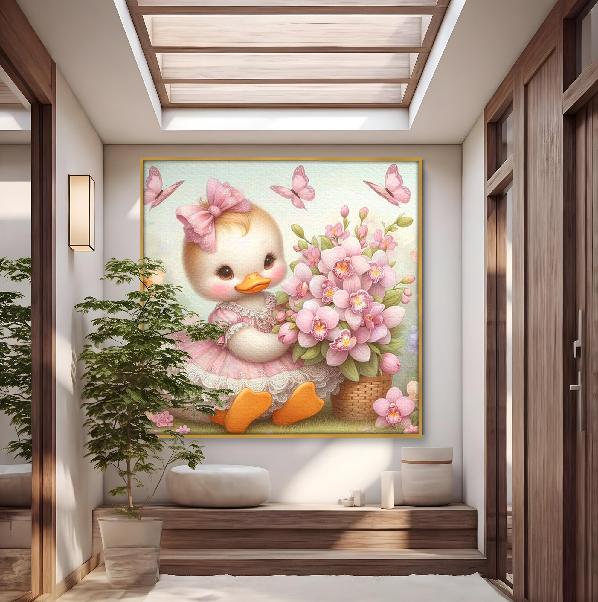 Leinwand Wandkunst Leinwand Wandkunst Premium, LuxCanva® K1060, Frühling Ballett, Orchideen, Blumen, Blütenblätter, Ente, rosa, Vogel, Schmetterlinge, rosa, Schmetterlinge, bezaubernd, Babyzimmer, Schlafzimmer