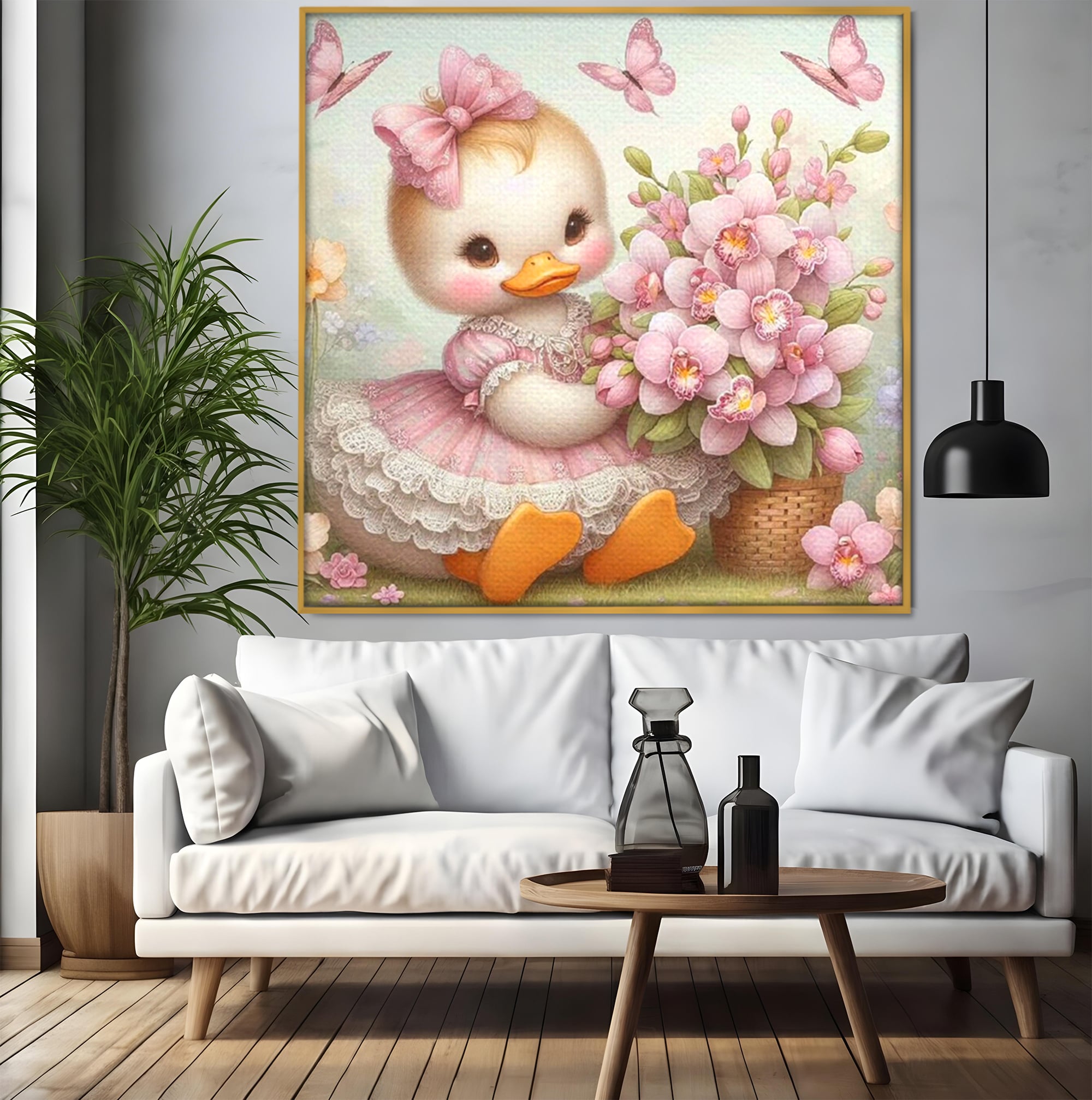 Leinwand Wandkunst Leinwand Wandkunst Premium, LuxCanva® K1060, Frühling Ballett, Orchideen, Blumen, Blütenblätter, Ente, rosa, Vogel, Schmetterlinge, rosa, Schmetterlinge, bezaubernd, Babyzimmer, Schlafzimmer