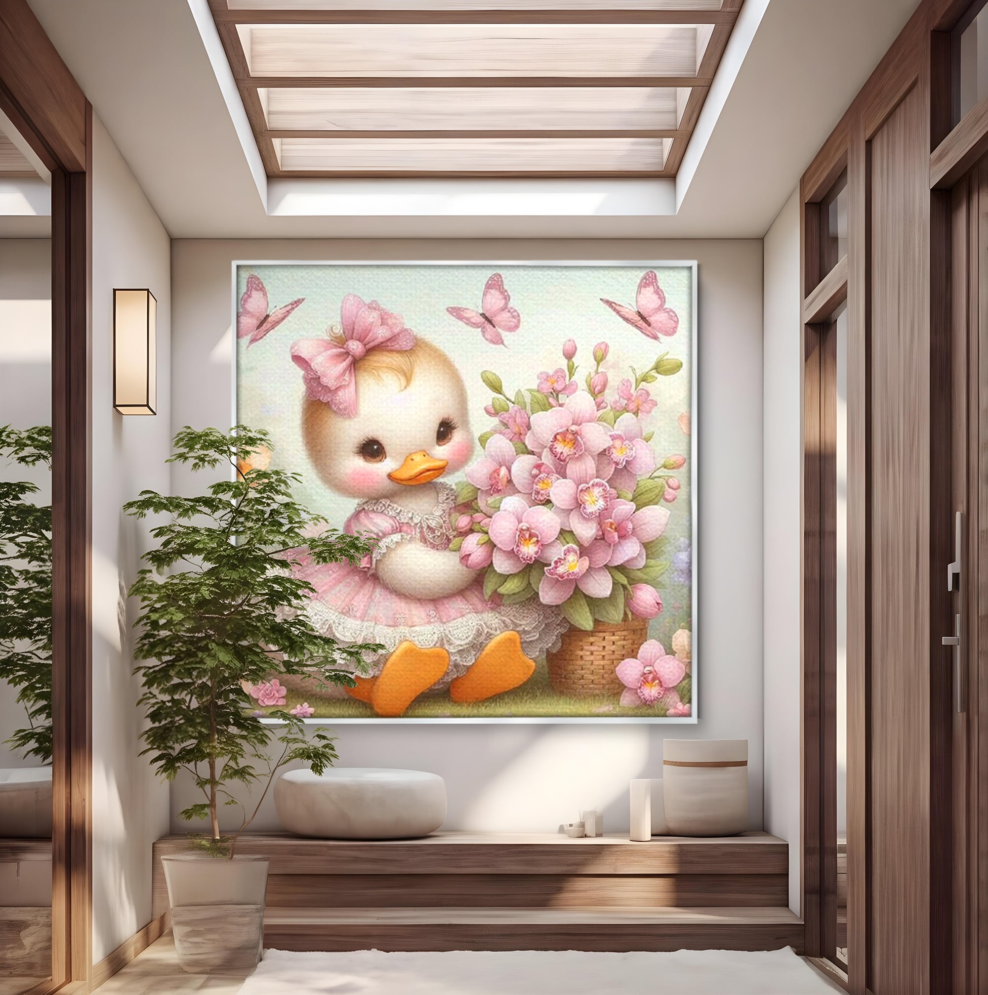 Leinwand Wandkunst Leinwand Wandkunst Premium, LuxCanva® K1060, Frühling Ballett, Orchideen, Blumen, Blütenblätter, Ente, rosa, Vogel, Schmetterlinge, rosa, Schmetterlinge, bezaubernd, Babyzimmer, Schlafzimmer