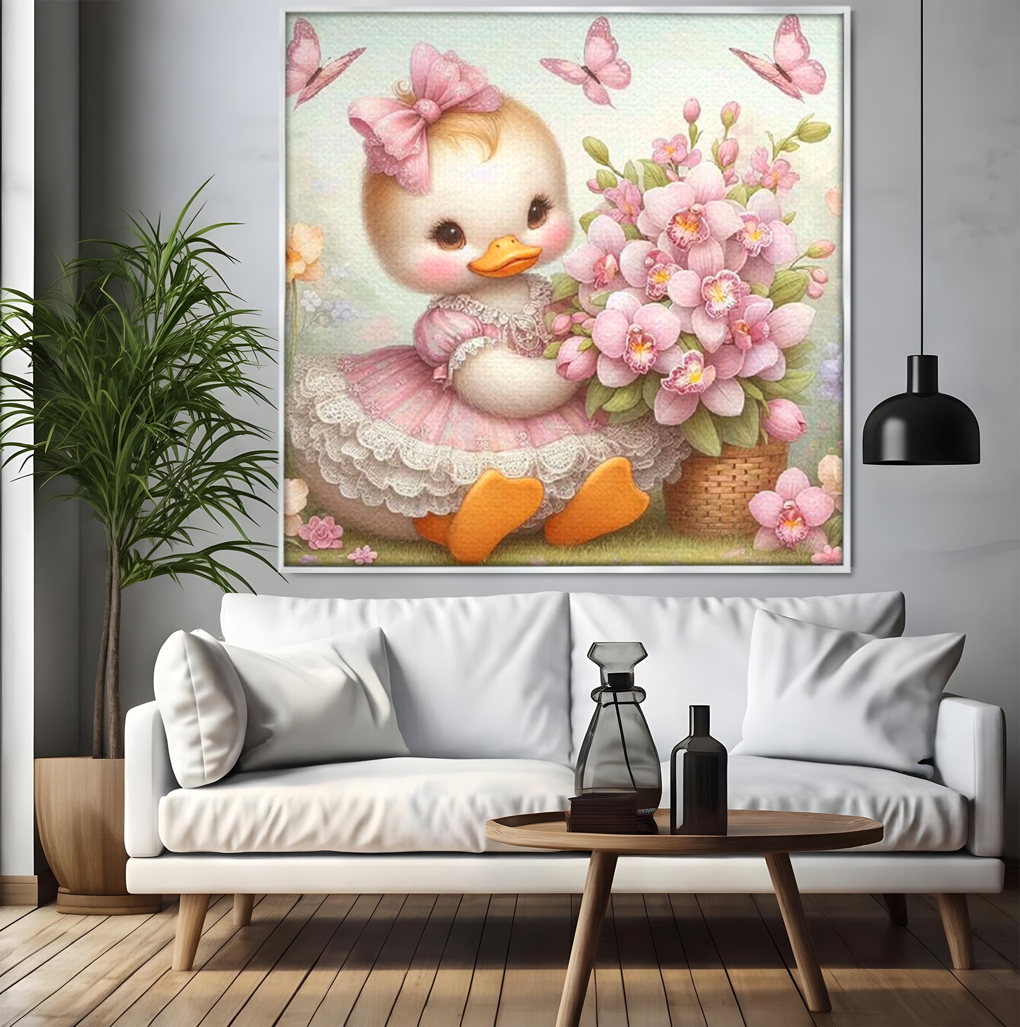 Leinwand Wandkunst Leinwand Wandkunst Premium, LuxCanva® K1060, Frühling Ballett, Orchideen, Blumen, Blütenblätter, Ente, rosa, Vogel, Schmetterlinge, rosa, Schmetterlinge, bezaubernd, Babyzimmer, Schlafzimmer