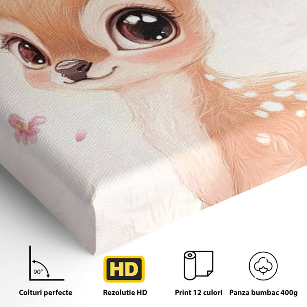 Tablou Canvas Premium, LuxCanva® K1061, Micuta Visatoare, Caprioara, Pastel, Natura, Copilarie, Roz, Gingasie, Poveste, Padure, Camera Copil, Dormitor