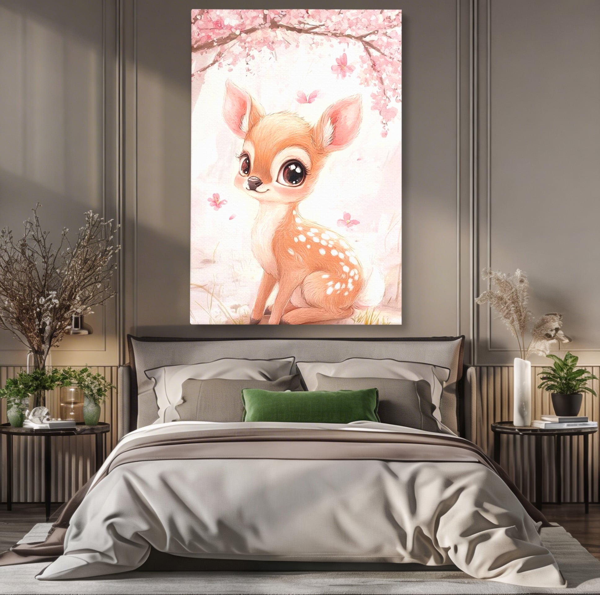 Tablou Canvas Premium, LuxCanva® K1061, Micuta Visatoare, Caprioara, Pastel, Natura, Copilarie, Roz, Gingasie, Poveste, Padure, Camera Copil, Dormitor