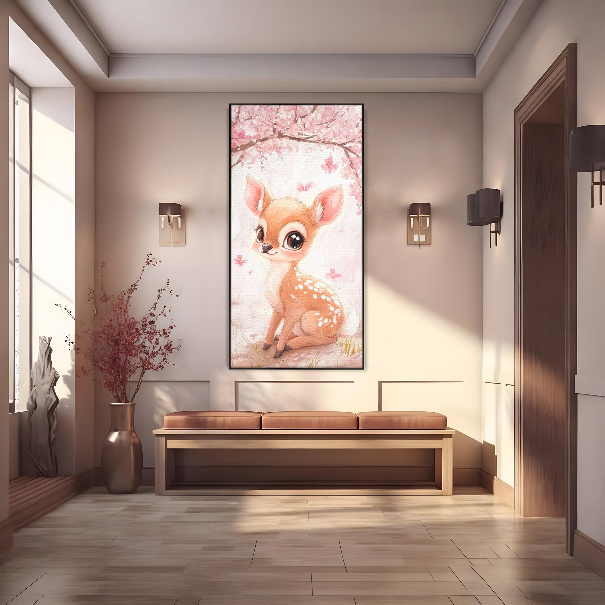 Tablou Canvas Premium, LuxCanva® K1061, Micuta Visatoare, Caprioara, Pastel, Natura, Copilarie, Roz, Gingasie, Poveste, Padure, Camera Copil, Dormitor