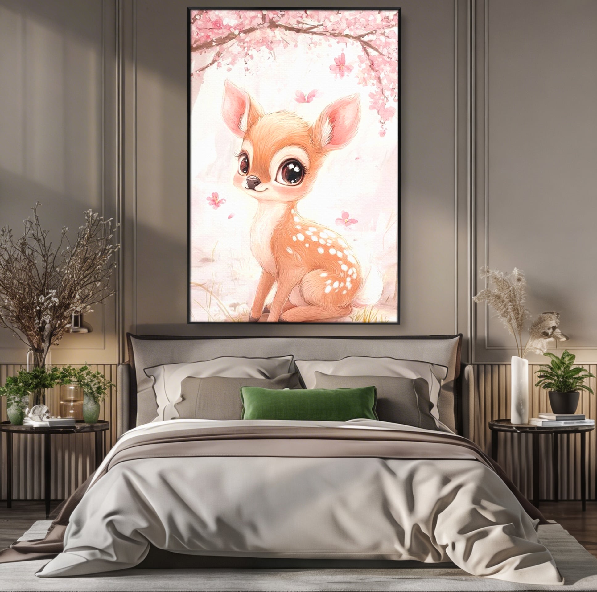 Tablou Canvas Premium, LuxCanva® K1061, Micuta Visatoare, Caprioara, Pastel, Natura, Copilarie, Roz, Gingasie, Poveste, Padure, Camera Copil, Dormitor