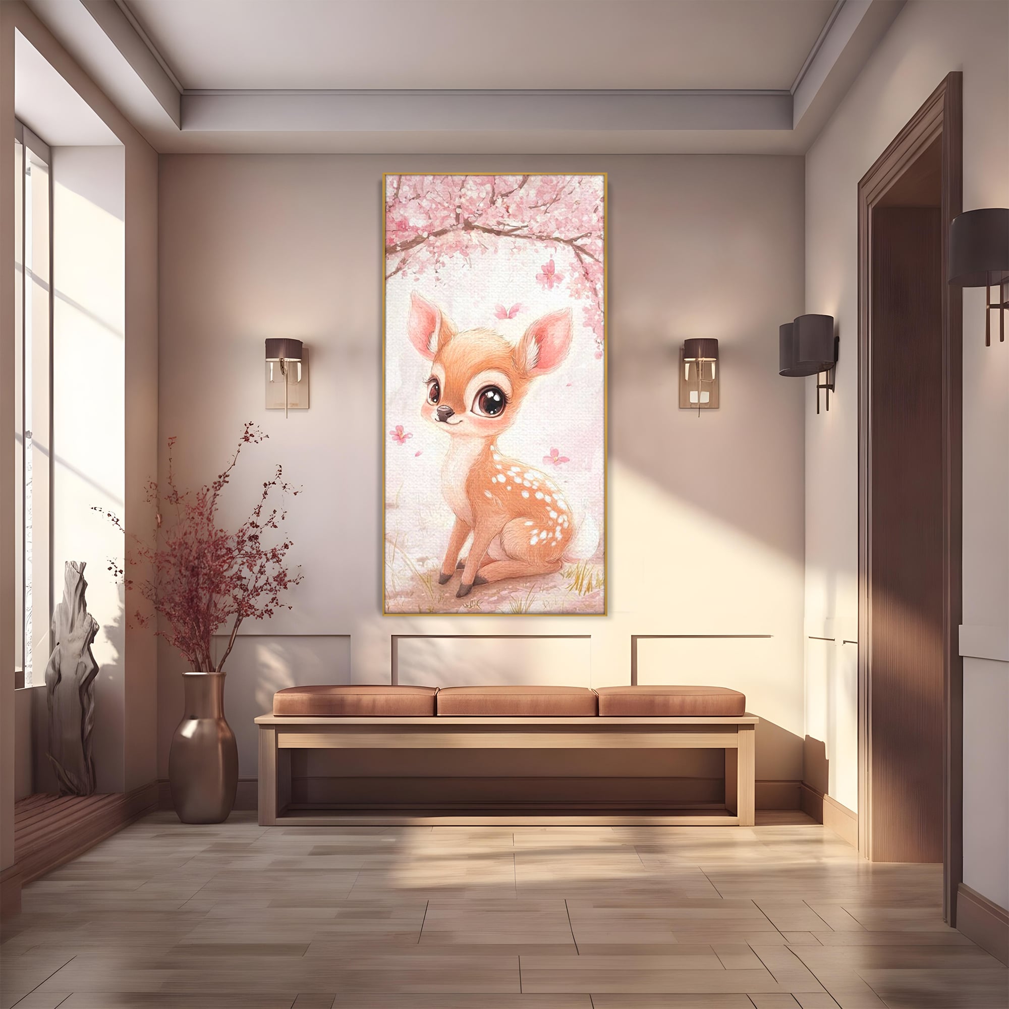 Tablou Canvas Premium, LuxCanva® K1061, Micuta Visatoare, Caprioara, Pastel, Natura, Copilarie, Roz, Gingasie, Poveste, Padure, Camera Copil, Dormitor