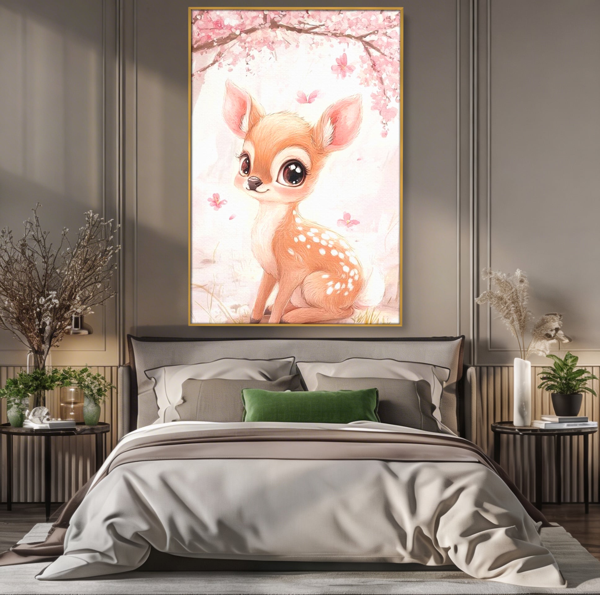Tablou Canvas Premium, LuxCanva® K1061, Micuta Visatoare, Caprioara, Pastel, Natura, Copilarie, Roz, Gingasie, Poveste, Padure, Camera Copil, Dormitor