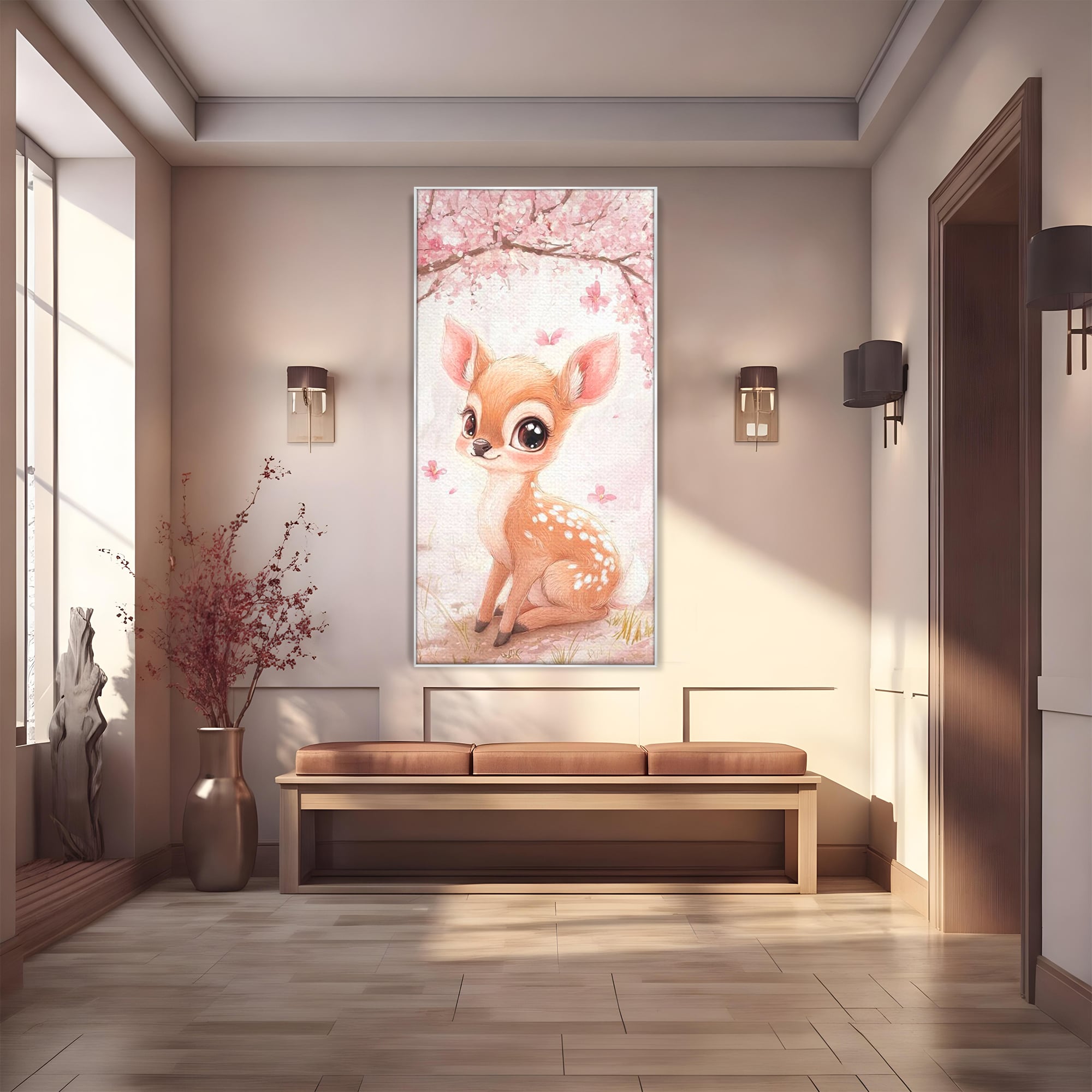 Tablou Canvas Premium, LuxCanva® K1061, Micuta Visatoare, Caprioara, Pastel, Natura, Copilarie, Roz, Gingasie, Poveste, Padure, Camera Copil, Dormitor