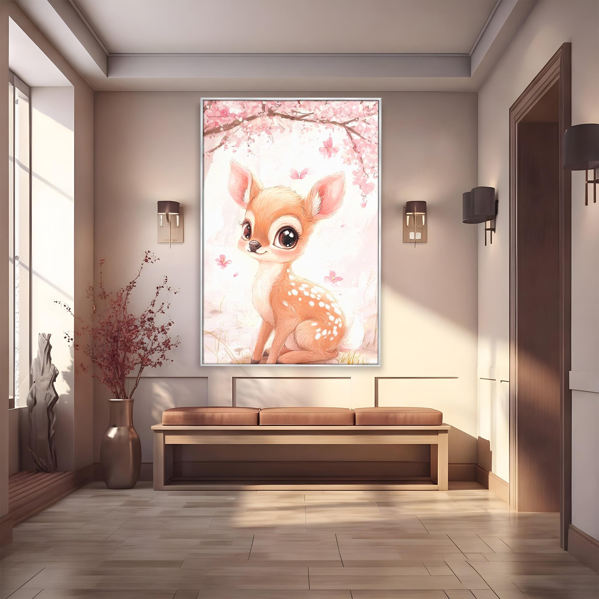 Tablou Canvas Premium, LuxCanva® K1061, Micuta Visatoare, Caprioara, Pastel, Natura, Copilarie, Roz, Gingasie, Poveste, Padure, Camera Copil, Dormitor