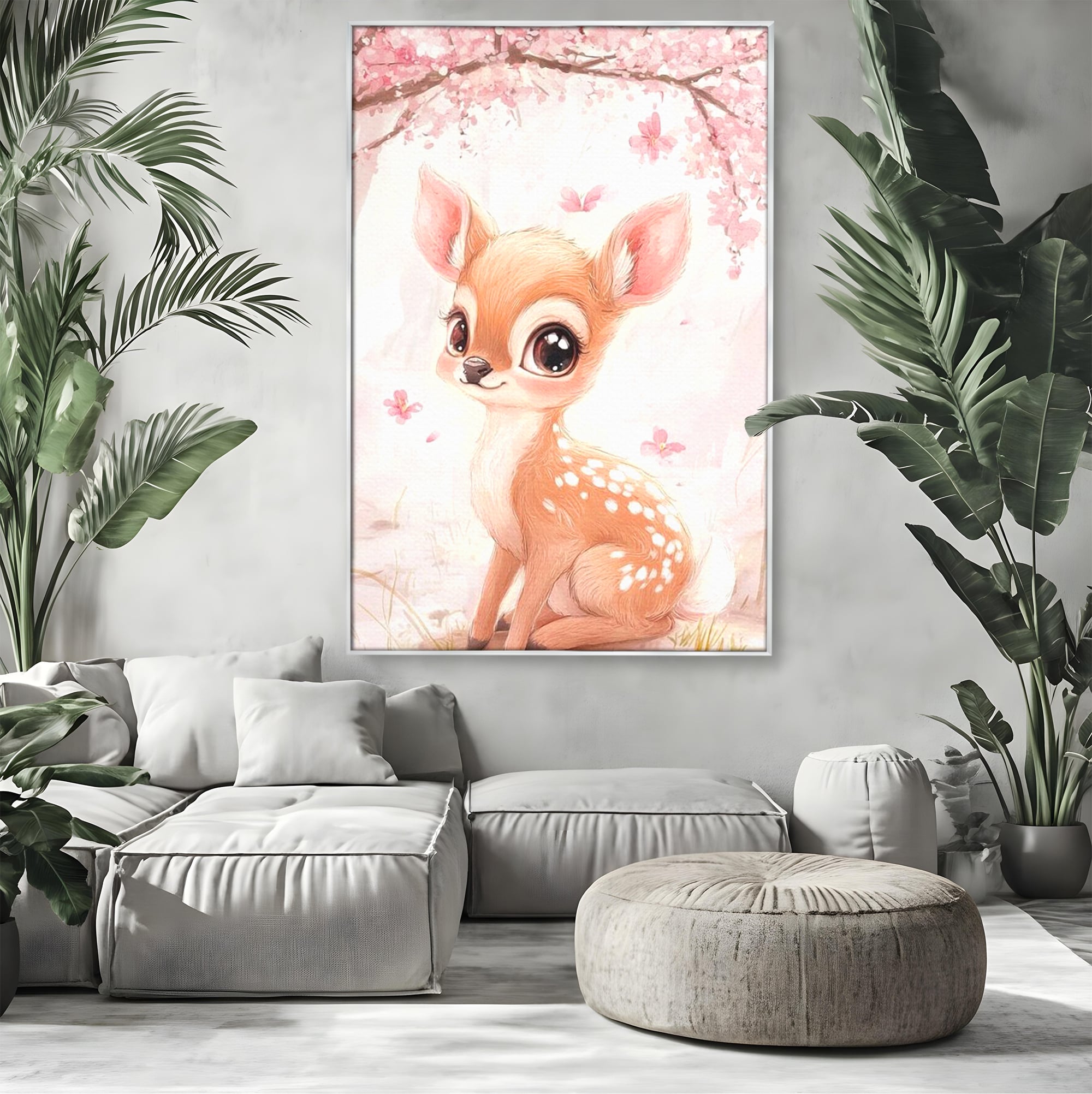 Tablou Canvas Premium, LuxCanva® K1061, Micuta Visatoare, Caprioara, Pastel, Natura, Copilarie, Roz, Gingasie, Poveste, Padure, Camera Copil, Dormitor