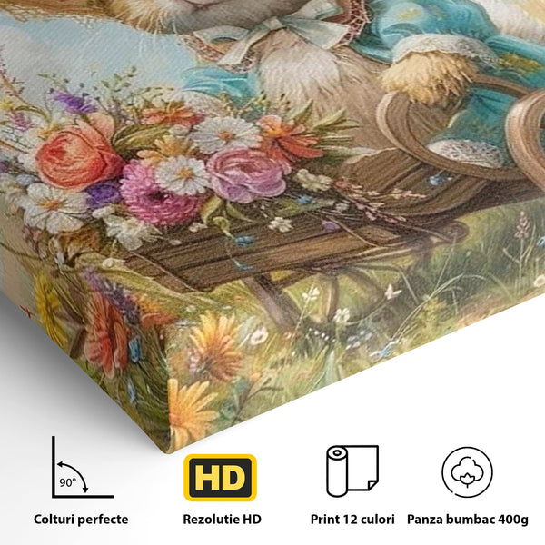 Leinwand Wandkunst Canvas Premium, LuxCanva® K1062, Magic Chariot, Hasen, Hüte, Blumen, Garten, Garten, Märchen, Fabel, Natur, Puppen, Babyzimmer, Schlafzimmer