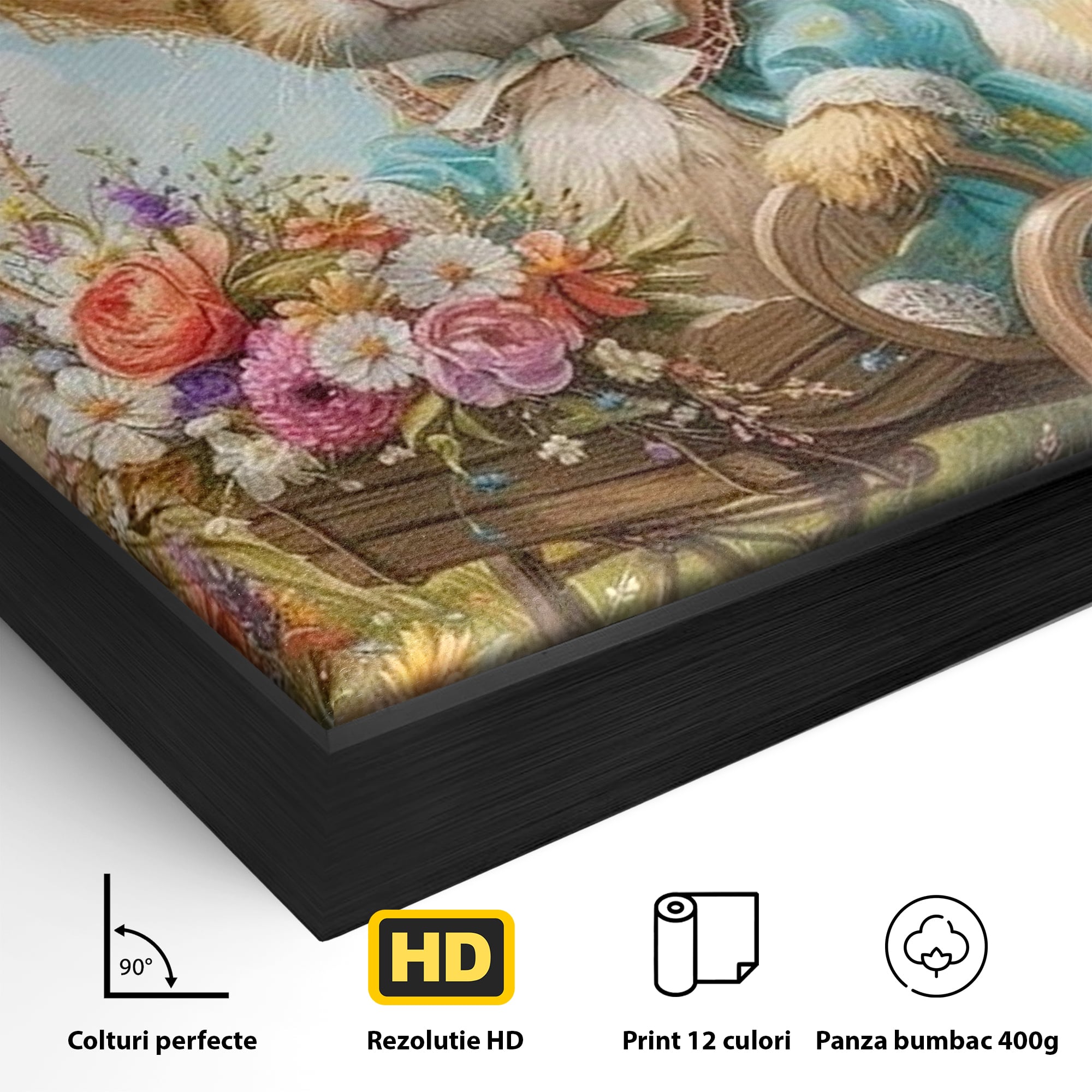 Leinwand Wandkunst Canvas Premium, LuxCanva® K1062, Magic Chariot, Hasen, Hüte, Blumen, Garten, Garten, Märchen, Fabel, Natur, Puppen, Babyzimmer, Schlafzimmer