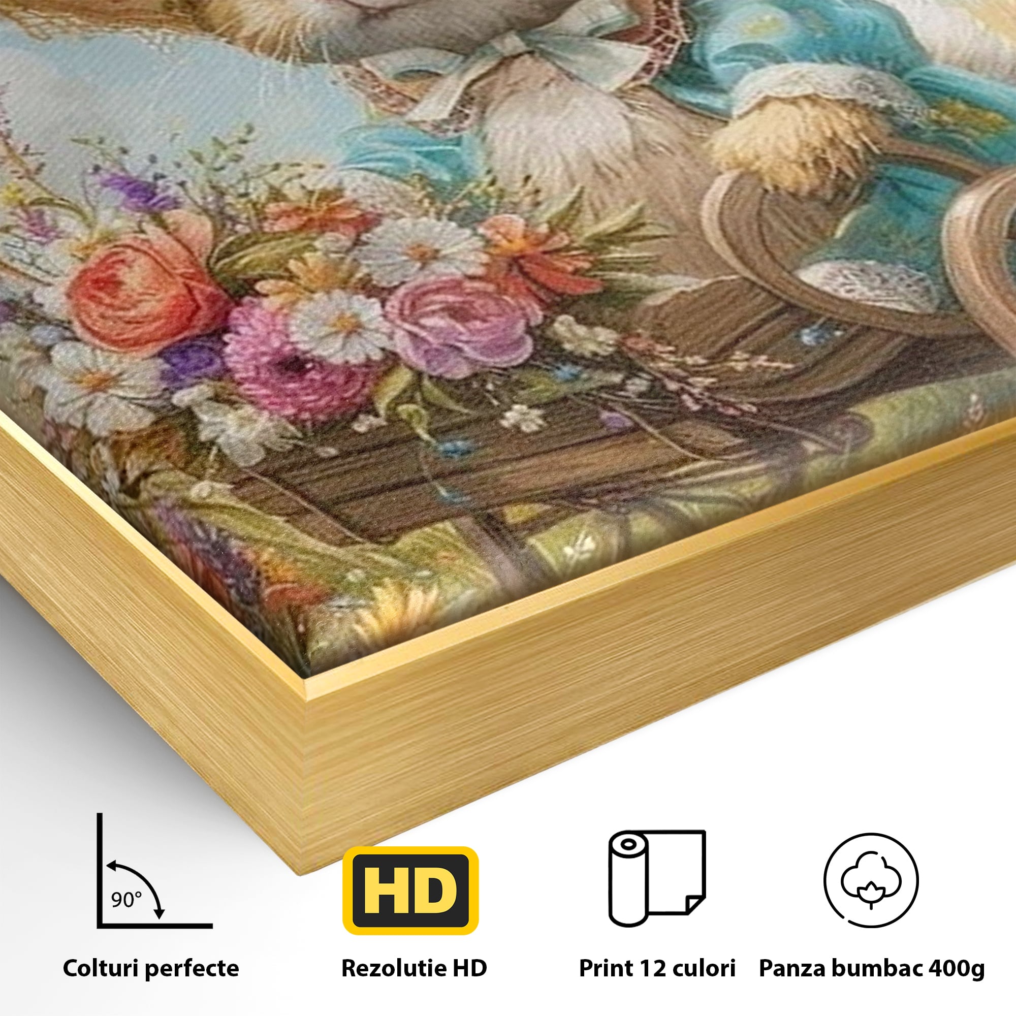 Leinwand Wandkunst Canvas Premium, LuxCanva® K1062, Magic Chariot, Hasen, Hüte, Blumen, Garten, Garten, Märchen, Fabel, Natur, Puppen, Babyzimmer, Schlafzimmer