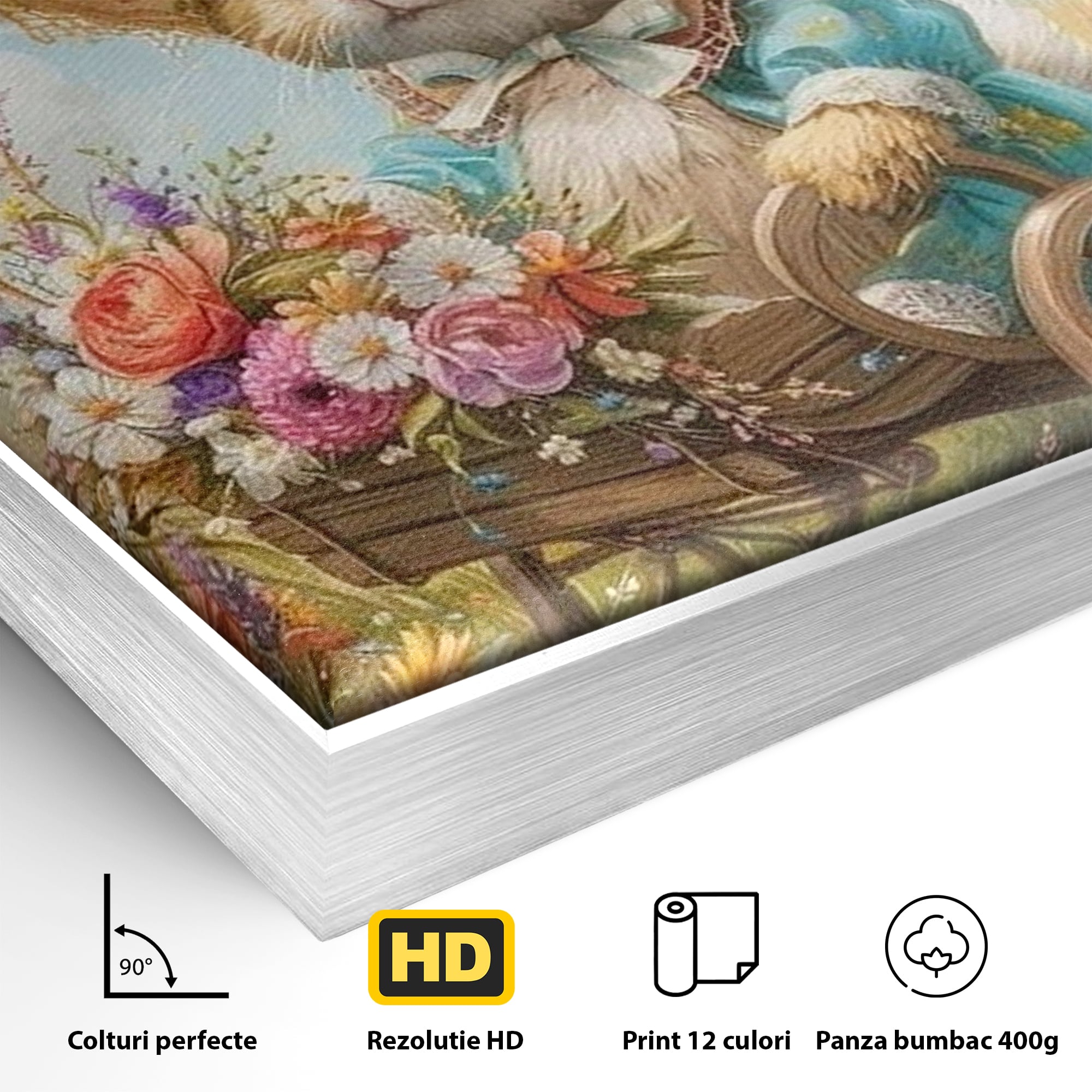 Leinwand Wandkunst Canvas Premium, LuxCanva® K1062, Magic Chariot, Hasen, Hüte, Blumen, Garten, Garten, Märchen, Fabel, Natur, Puppen, Babyzimmer, Schlafzimmer