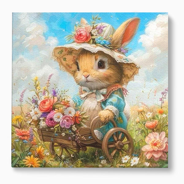 Leinwand Wandkunst Canvas Premium, LuxCanva® K1062, Magic Chariot, Hasen, Hüte, Blumen, Garten, Garten, Märchen, Fabel, Natur, Puppen, Babyzimmer, Schlafzimmer