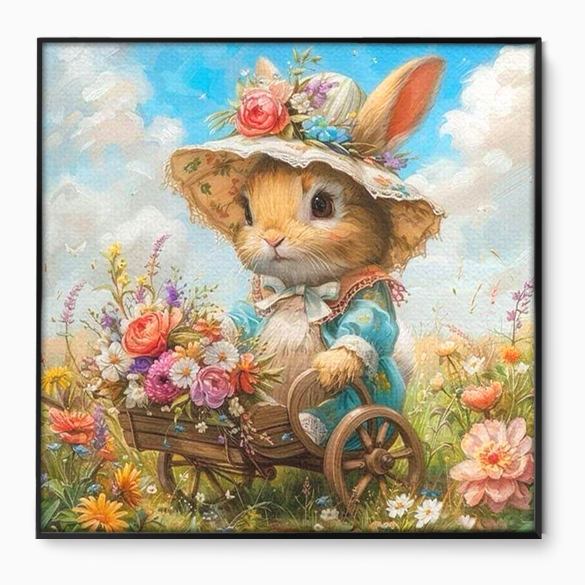 Leinwand Wandkunst Canvas Premium, LuxCanva® K1062, Magic Chariot, Hasen, Hüte, Blumen, Garten, Garten, Märchen, Fabel, Natur, Puppen, Babyzimmer, Schlafzimmer