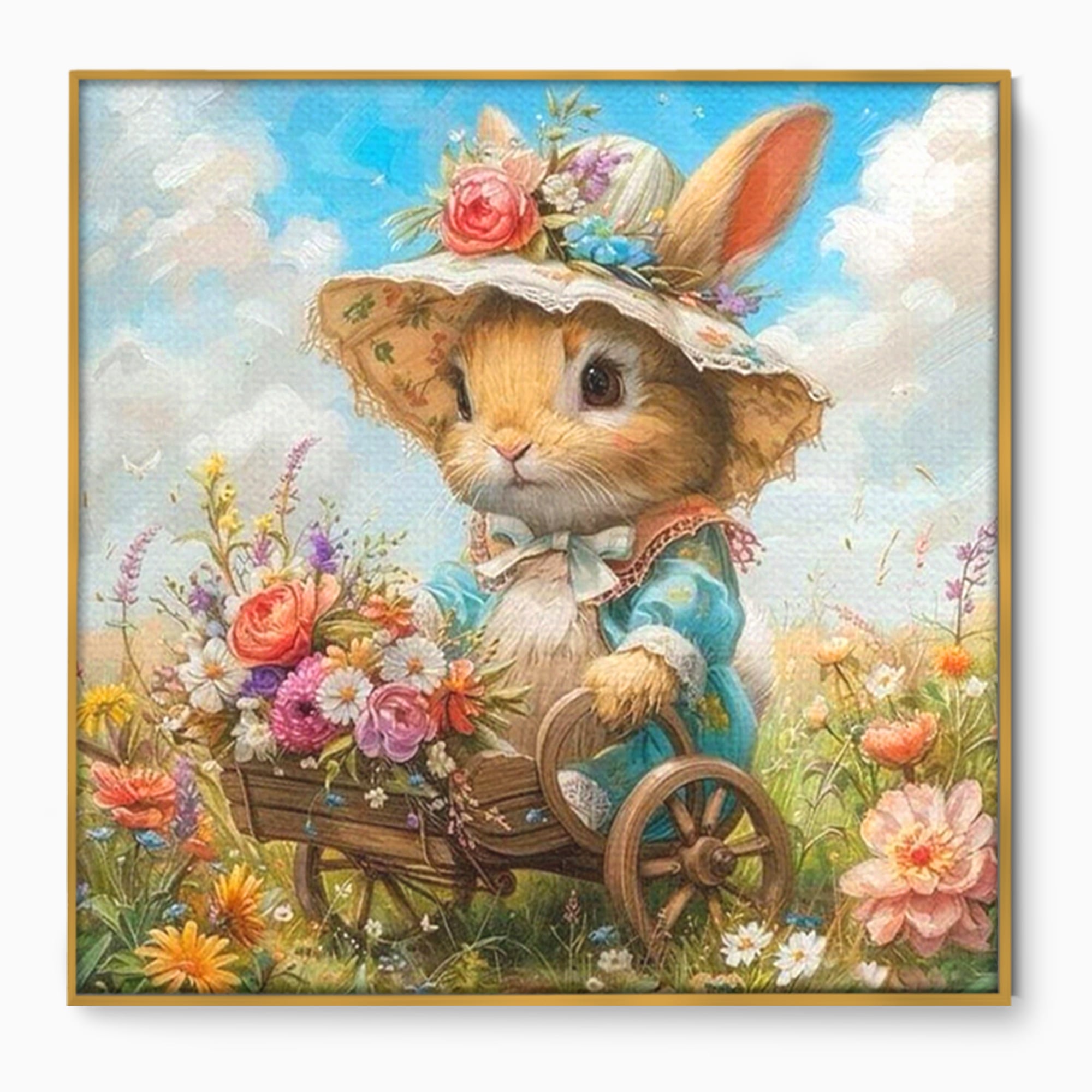 Leinwand Wandkunst Canvas Premium, LuxCanva® K1062, Magic Chariot, Hasen, Hüte, Blumen, Garten, Garten, Märchen, Fabel, Natur, Puppen, Babyzimmer, Schlafzimmer