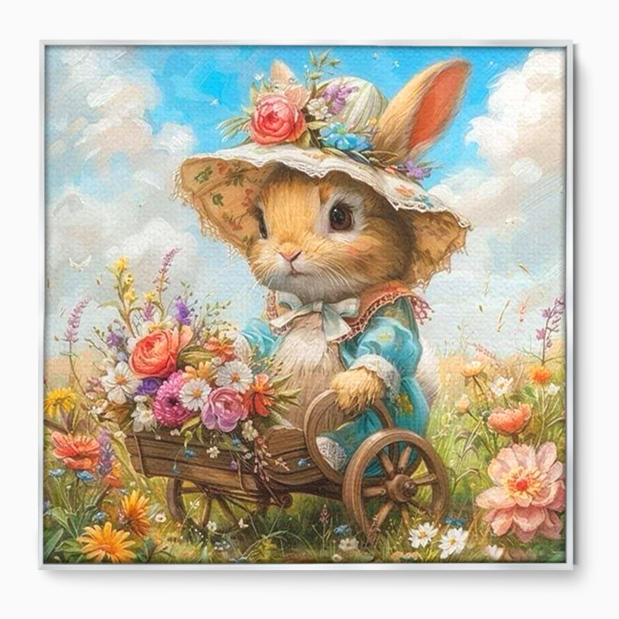 Leinwand Wandkunst Canvas Premium, LuxCanva® K1062, Magic Chariot, Hasen, Hüte, Blumen, Garten, Garten, Märchen, Fabel, Natur, Puppen, Babyzimmer, Schlafzimmer