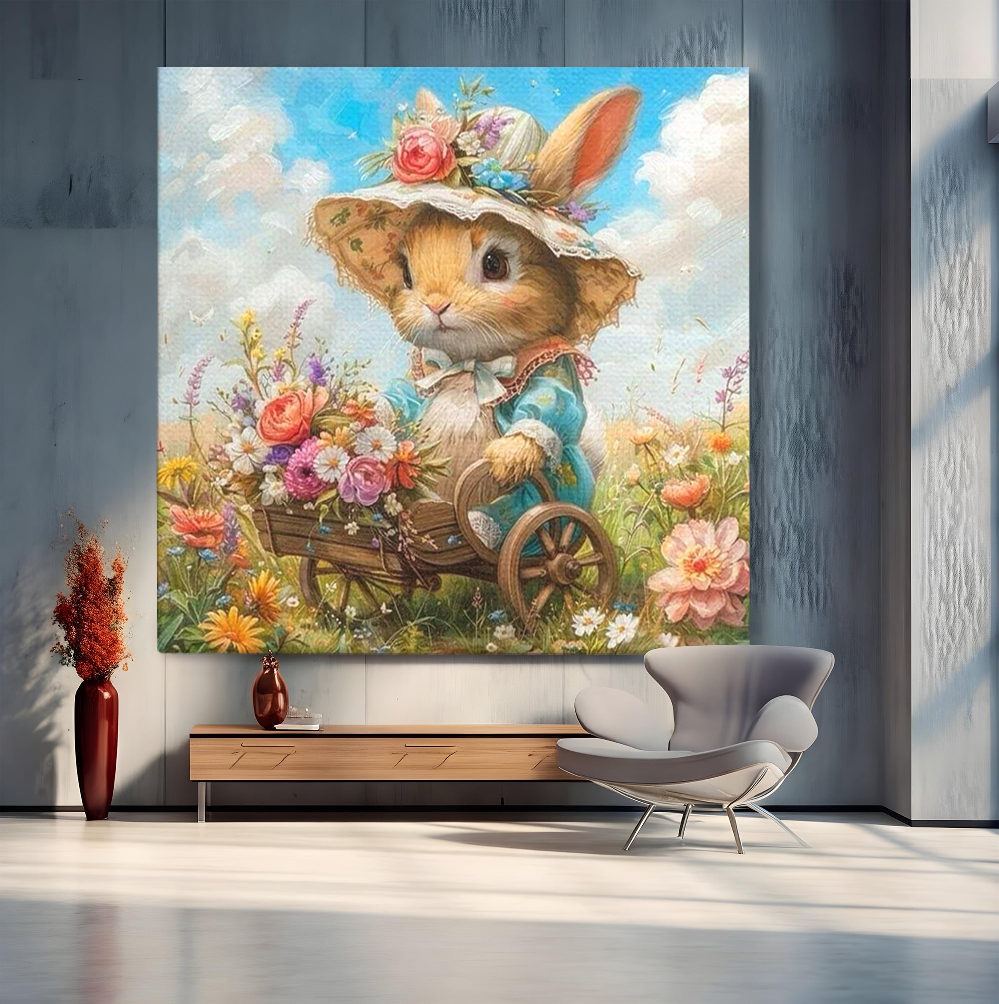 Leinwand Wandkunst Canvas Premium, LuxCanva® K1062, Magic Chariot, Hasen, Hüte, Blumen, Garten, Garten, Märchen, Fabel, Natur, Puppen, Babyzimmer, Schlafzimmer