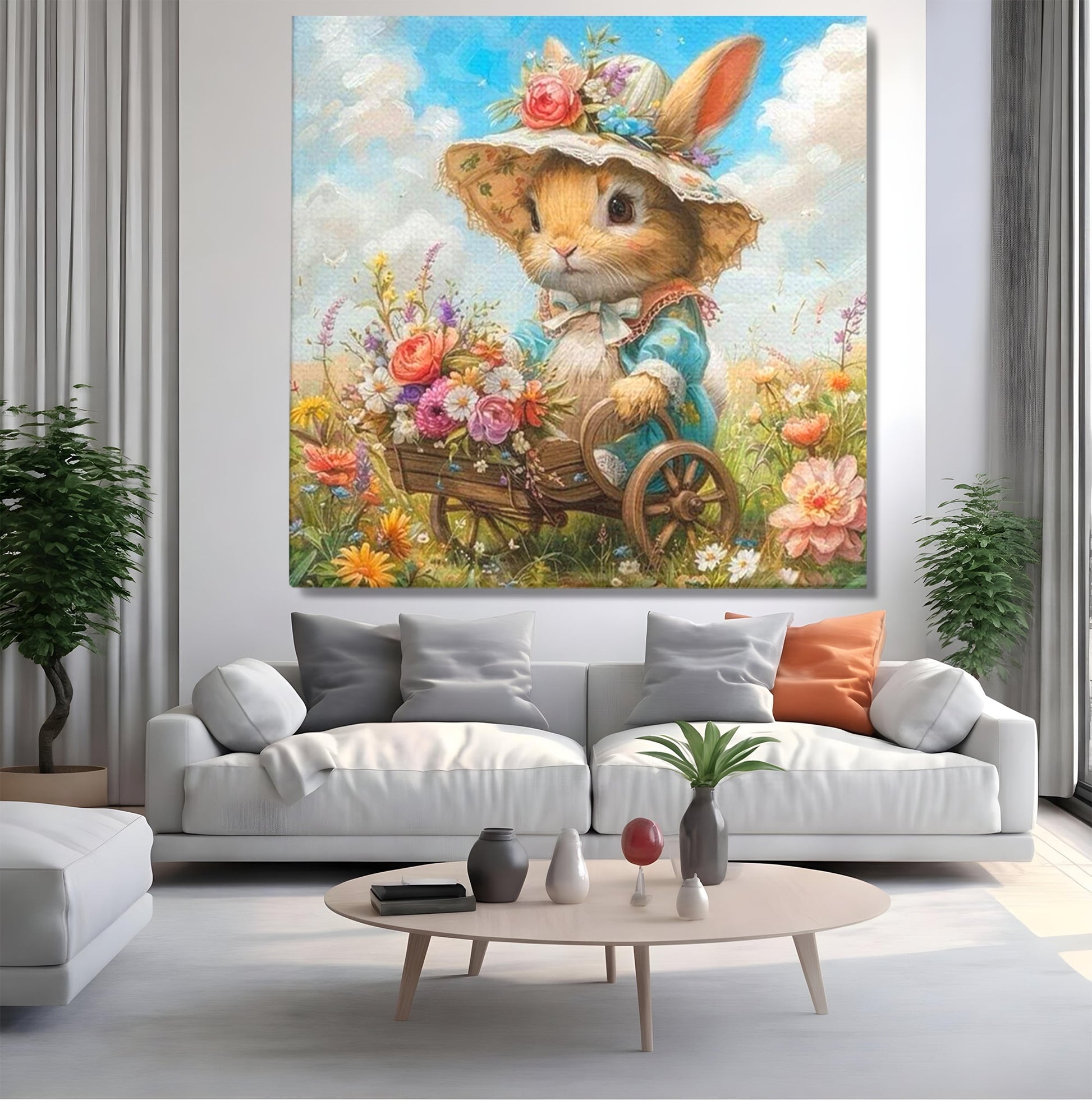 Leinwand Wandkunst Canvas Premium, LuxCanva® K1062, Magic Chariot, Hasen, Hüte, Blumen, Garten, Garten, Märchen, Fabel, Natur, Puppen, Babyzimmer, Schlafzimmer