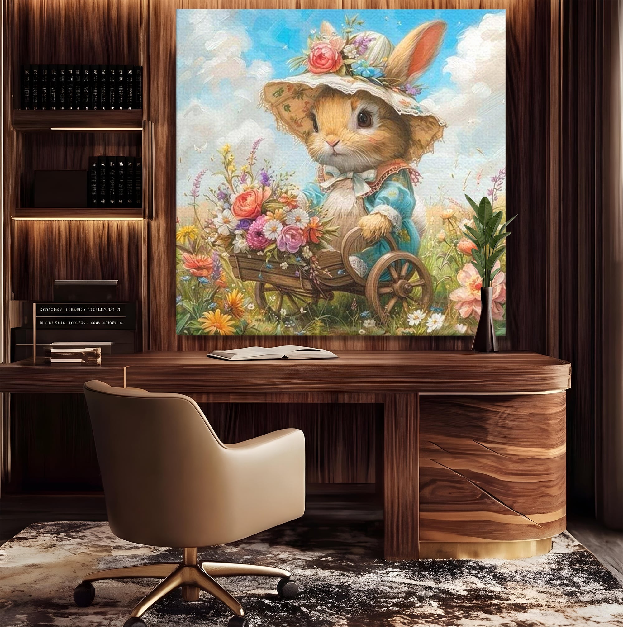 Leinwand Wandkunst Canvas Premium, LuxCanva® K1062, Magic Chariot, Hasen, Hüte, Blumen, Garten, Garten, Märchen, Fabel, Natur, Puppen, Babyzimmer, Schlafzimmer