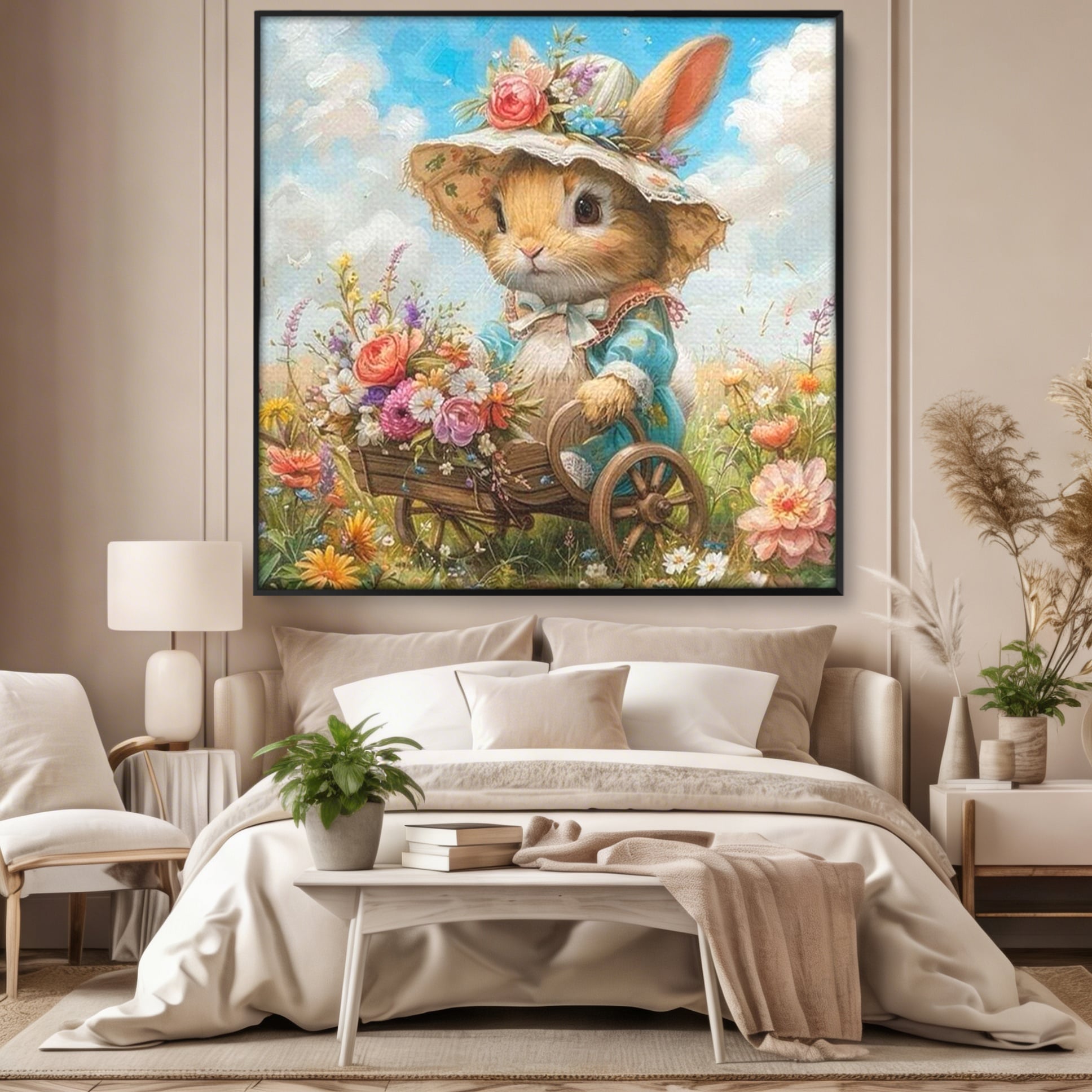 Leinwand Wandkunst Canvas Premium, LuxCanva® K1062, Magic Chariot, Hasen, Hüte, Blumen, Garten, Garten, Märchen, Fabel, Natur, Puppen, Babyzimmer, Schlafzimmer