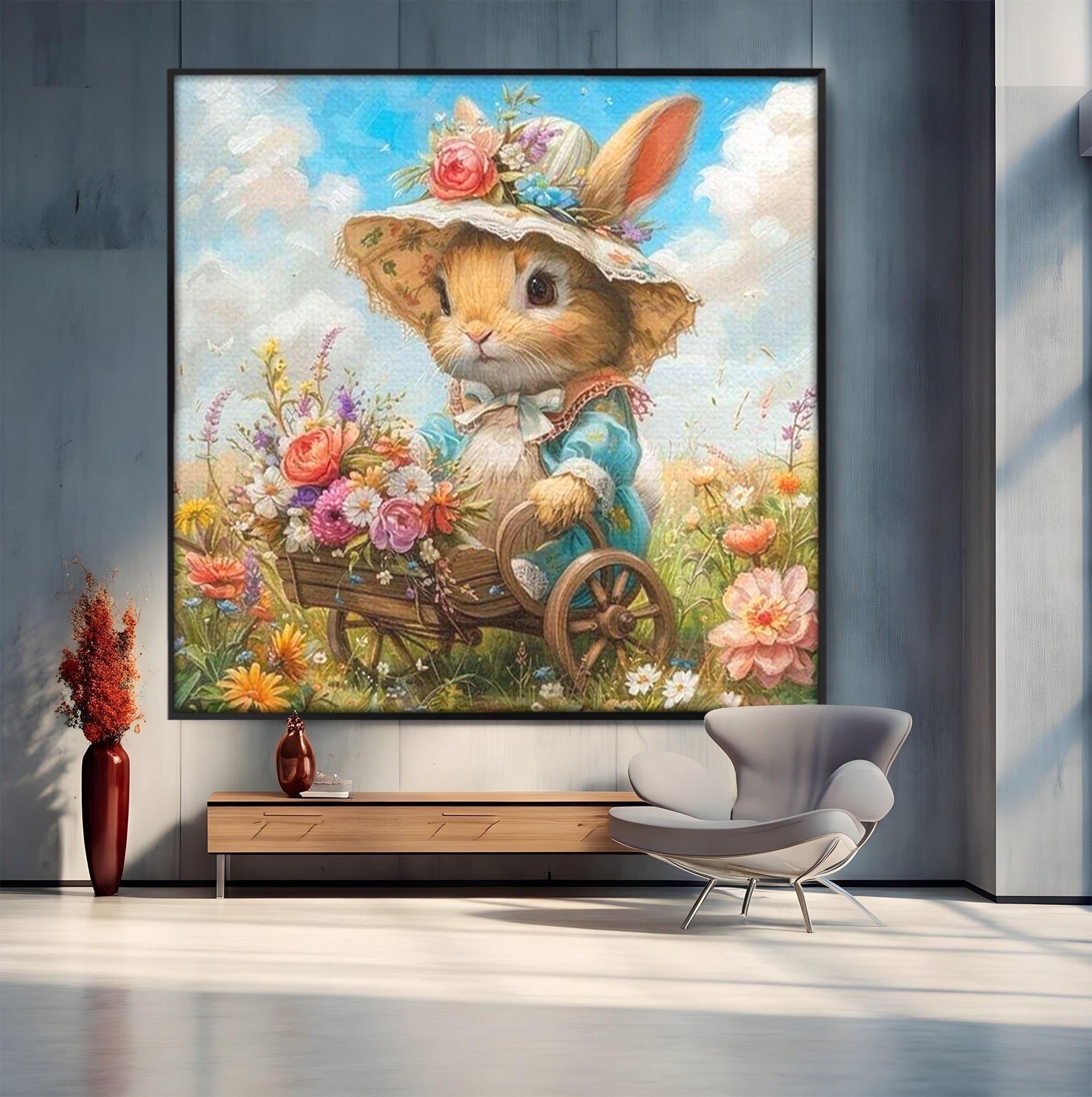 Leinwand Wandkunst Canvas Premium, LuxCanva® K1062, Magic Chariot, Hasen, Hüte, Blumen, Garten, Garten, Märchen, Fabel, Natur, Puppen, Babyzimmer, Schlafzimmer