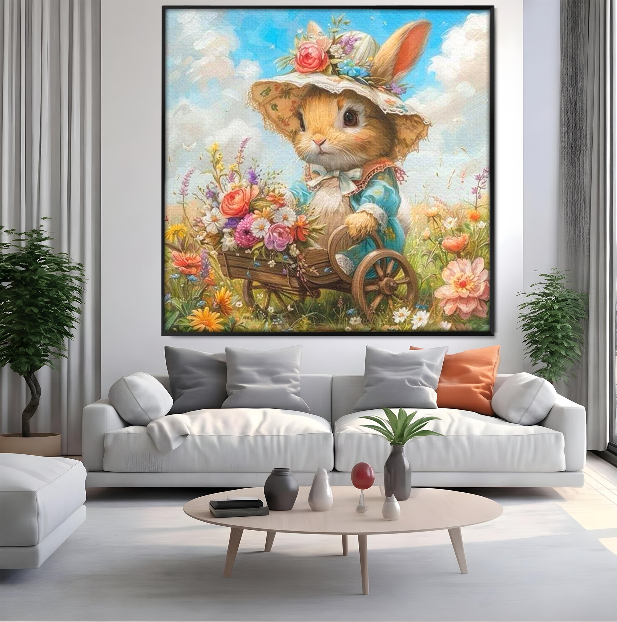 Leinwand Wandkunst Canvas Premium, LuxCanva® K1062, Magic Chariot, Hasen, Hüte, Blumen, Garten, Garten, Märchen, Fabel, Natur, Puppen, Babyzimmer, Schlafzimmer