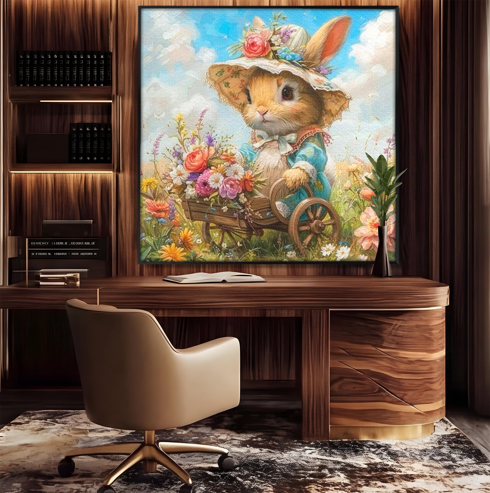 Leinwand Wandkunst Canvas Premium, LuxCanva® K1062, Magic Chariot, Hasen, Hüte, Blumen, Garten, Garten, Märchen, Fabel, Natur, Puppen, Babyzimmer, Schlafzimmer