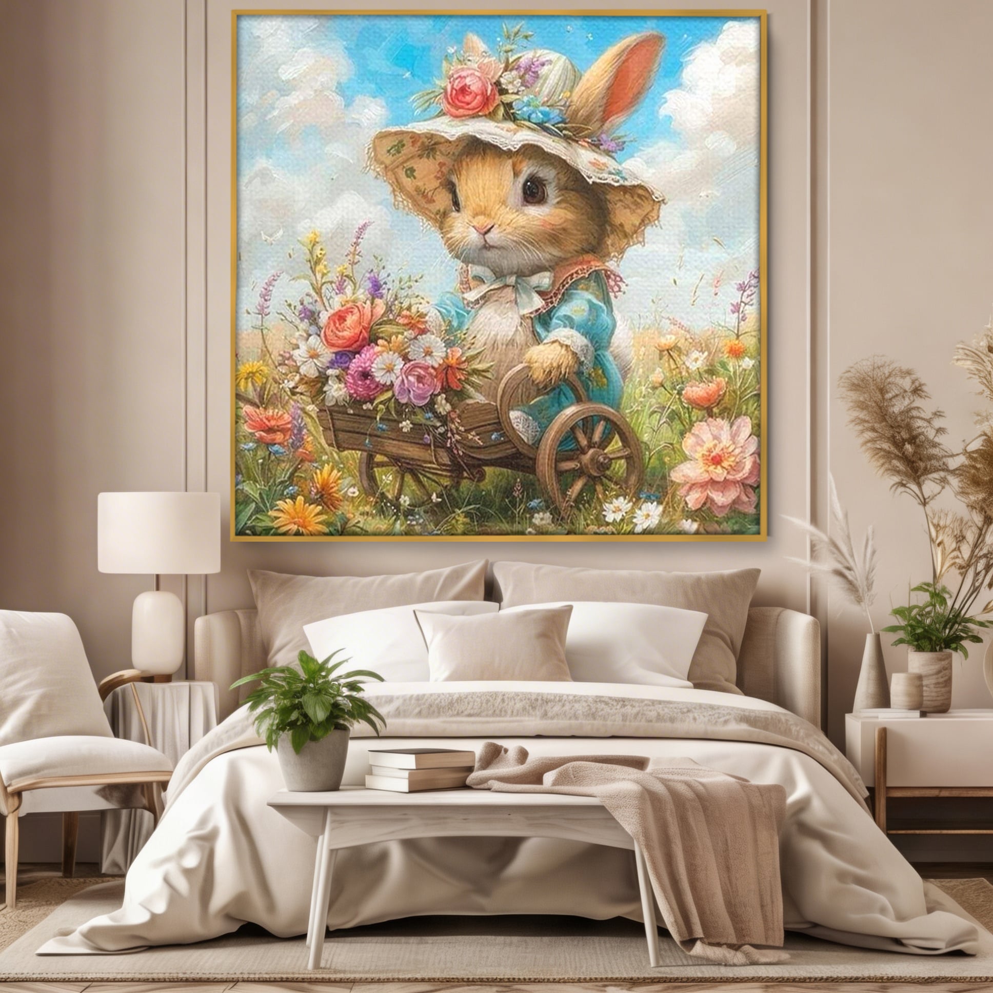 Leinwand Wandkunst Canvas Premium, LuxCanva® K1062, Magic Chariot, Hasen, Hüte, Blumen, Garten, Garten, Märchen, Fabel, Natur, Puppen, Babyzimmer, Schlafzimmer