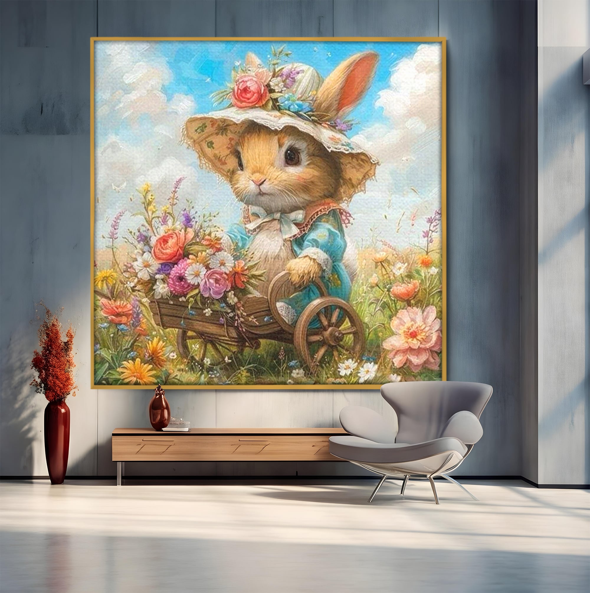 Leinwand Wandkunst Canvas Premium, LuxCanva® K1062, Magic Chariot, Hasen, Hüte, Blumen, Garten, Garten, Märchen, Fabel, Natur, Puppen, Babyzimmer, Schlafzimmer