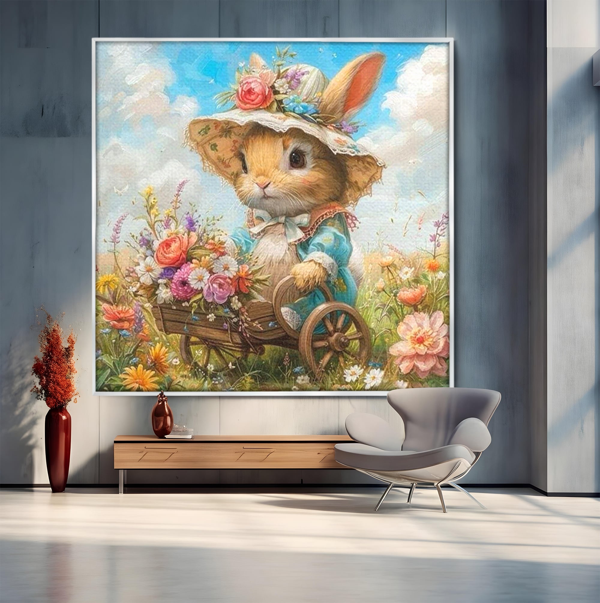 Leinwand Wandkunst Canvas Premium, LuxCanva® K1062, Magic Chariot, Hasen, Hüte, Blumen, Garten, Garten, Märchen, Fabel, Natur, Puppen, Babyzimmer, Schlafzimmer