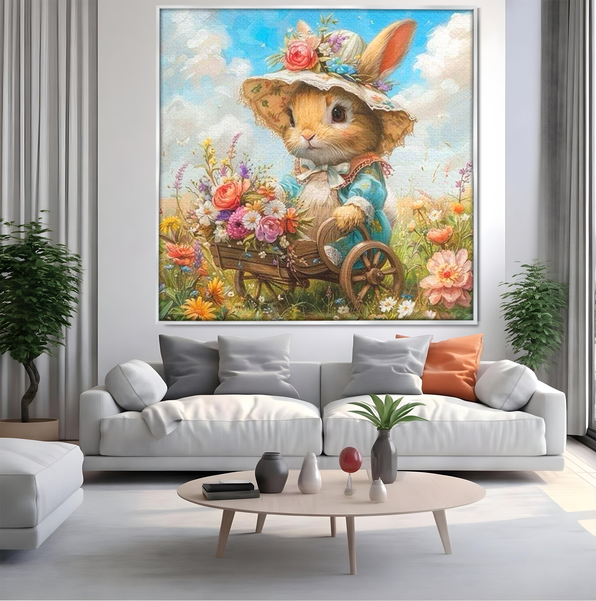 Leinwand Wandkunst Canvas Premium, LuxCanva® K1062, Magic Chariot, Hasen, Hüte, Blumen, Garten, Garten, Märchen, Fabel, Natur, Puppen, Babyzimmer, Schlafzimmer