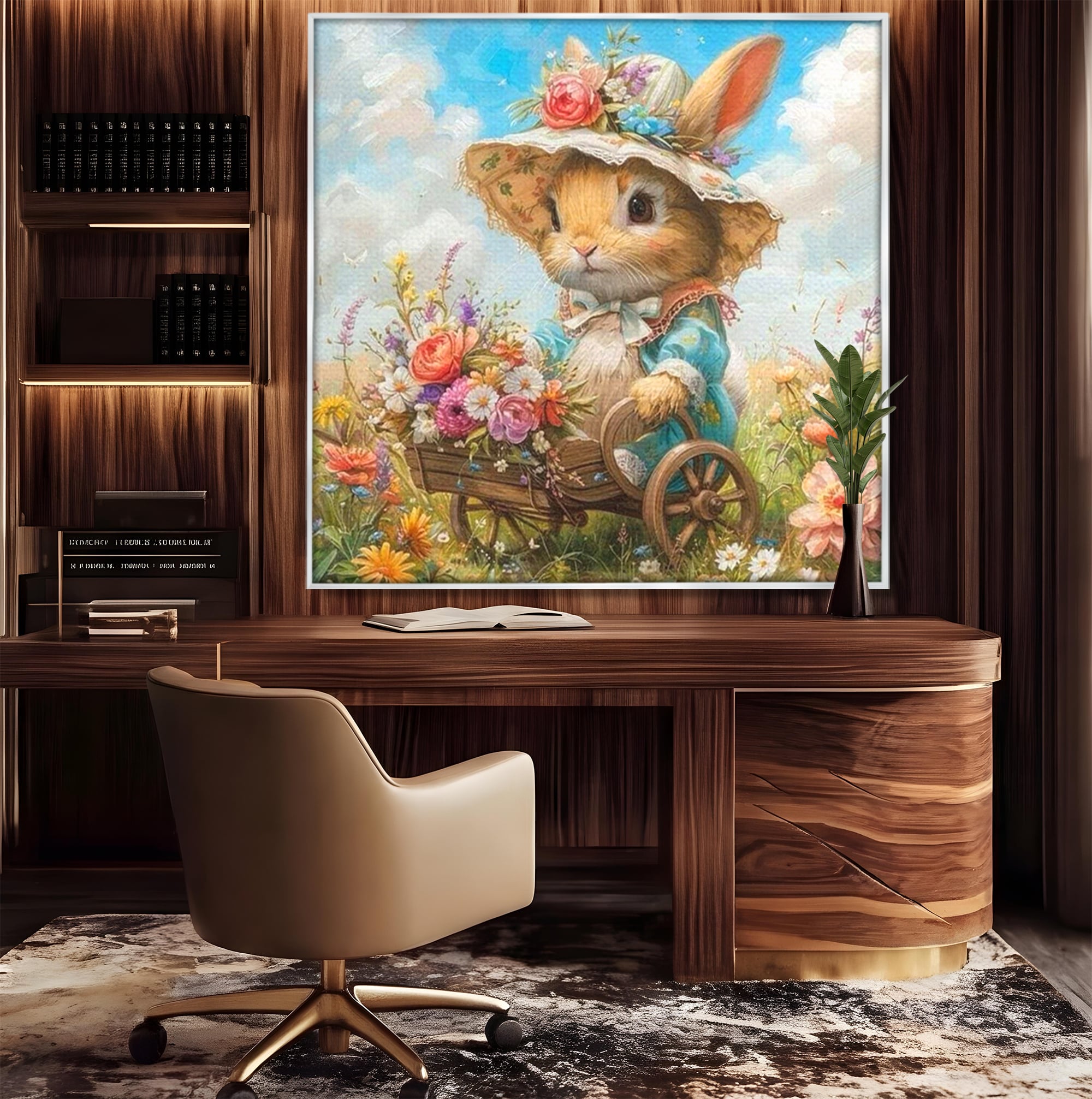 Leinwand Wandkunst Canvas Premium, LuxCanva® K1062, Magic Chariot, Hasen, Hüte, Blumen, Garten, Garten, Märchen, Fabel, Natur, Puppen, Babyzimmer, Schlafzimmer