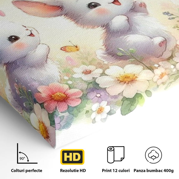 Tablou Canvas Premium, LuxCanva® K1063, Joaca in Padure, Gradinita, Iepurasi, Fluturi, Veselie, Flori, Prietenie, Copilarie, Adorabil, Camera Copil, Dormitor