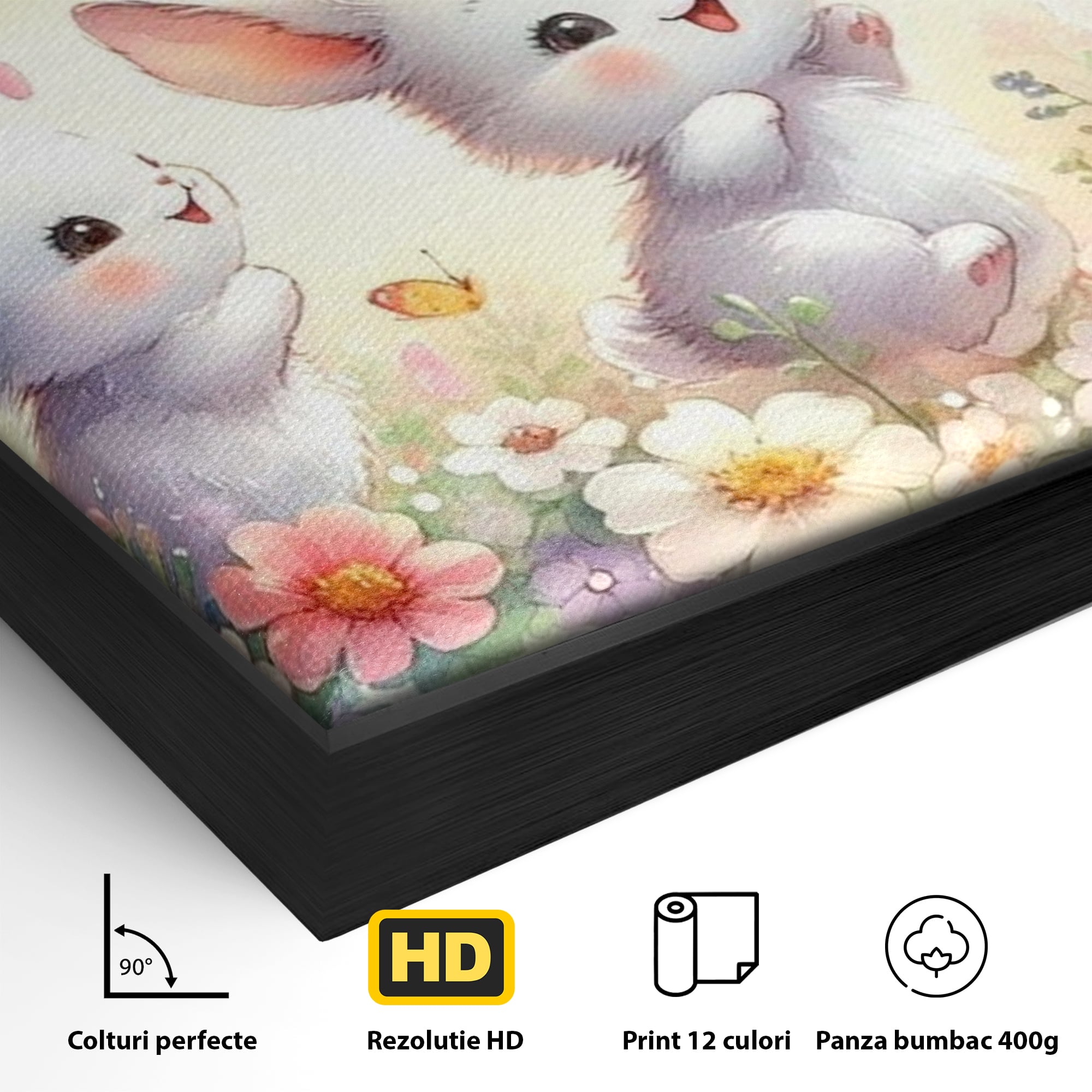 Tablou Canvas Premium, LuxCanva® K1063, Joaca in Padure, Gradinita, Iepurasi, Fluturi, Veselie, Flori, Prietenie, Copilarie, Adorabil, Camera Copil, Dormitor