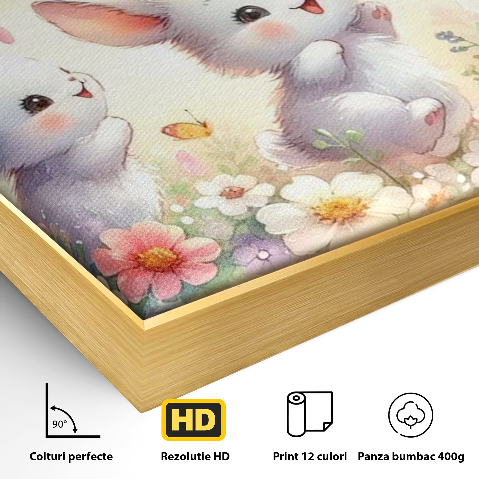 Tablou Canvas Premium, LuxCanva® K1063, Joaca in Padure, Gradinita, Iepurasi, Fluturi, Veselie, Flori, Prietenie, Copilarie, Adorabil, Camera Copil, Dormitor