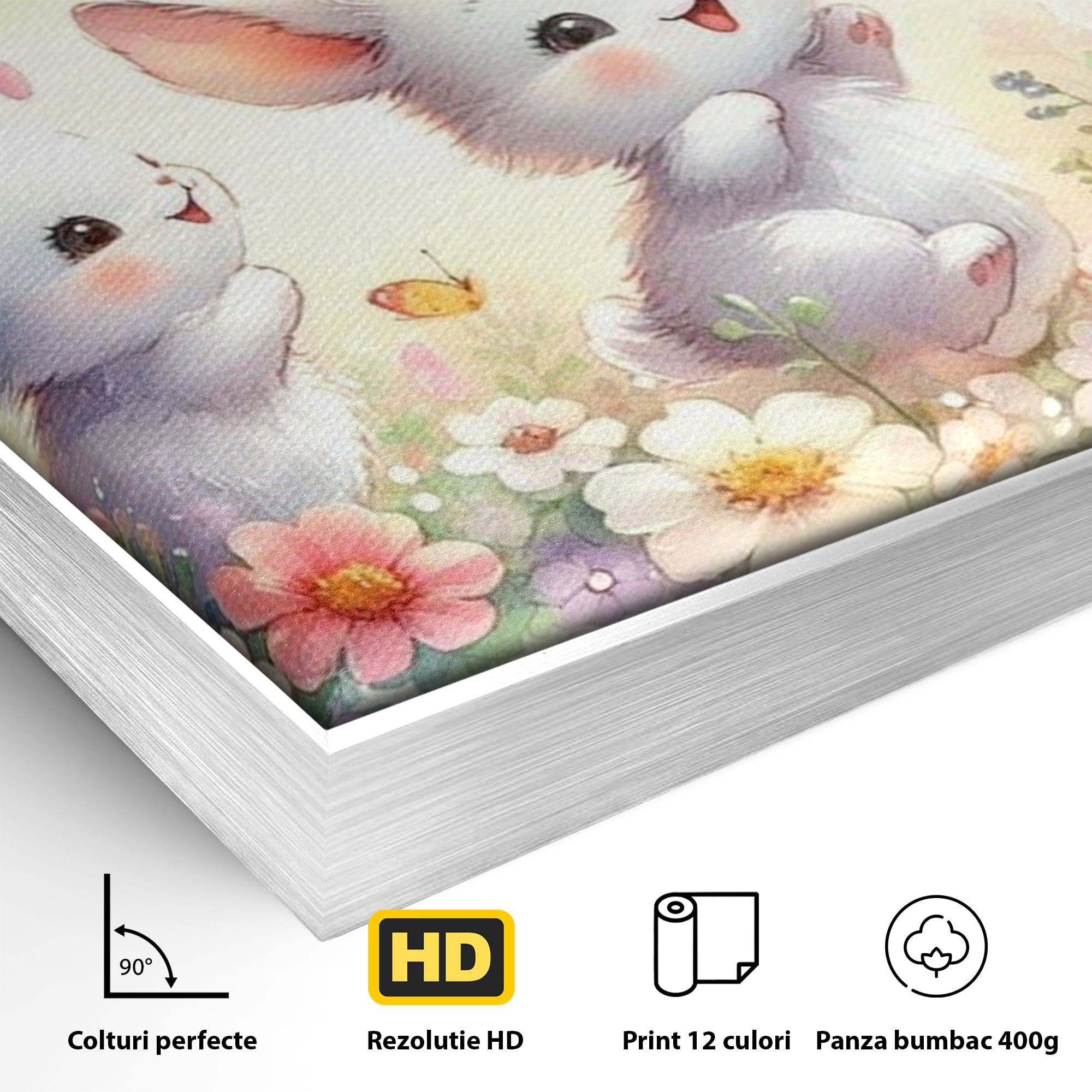 Tablou Canvas Premium, LuxCanva® K1063, Joaca in Padure, Gradinita, Iepurasi, Fluturi, Veselie, Flori, Prietenie, Copilarie, Adorabil, Camera Copil, Dormitor