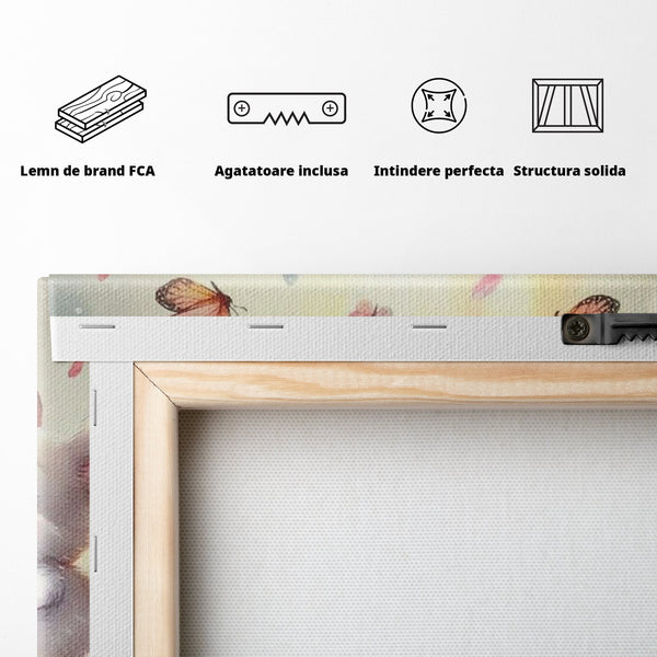 Tablou Canvas Premium, LuxCanva® K1063, Joaca in Padure, Gradinita, Iepurasi, Fluturi, Veselie, Flori, Prietenie, Copilarie, Adorabil, Camera Copil, Dormitor