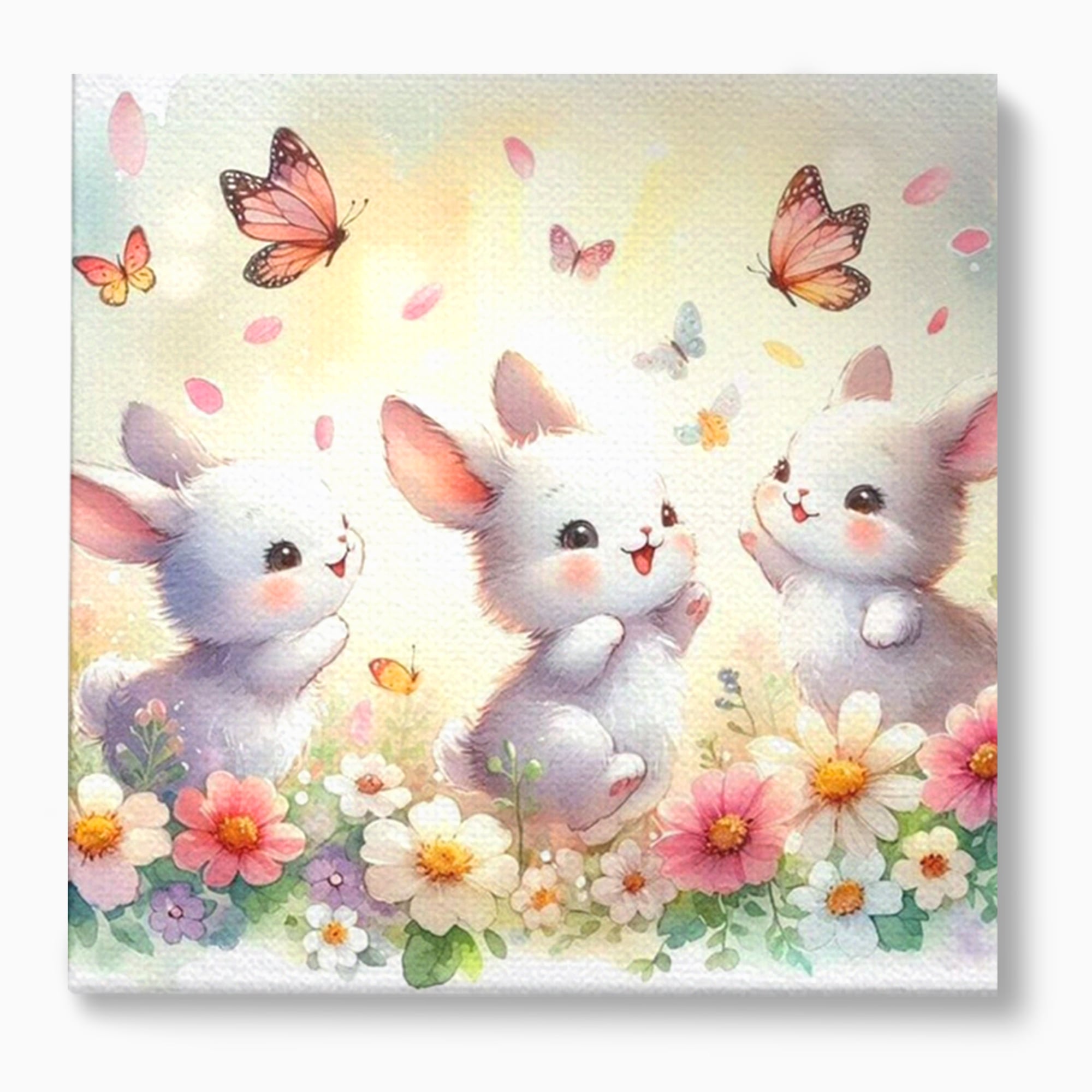 Tablou Canvas Premium, LuxCanva® K1063, Joaca in Padure, Gradinita, Iepurasi, Fluturi, Veselie, Flori, Prietenie, Copilarie, Adorabil, Camera Copil, Dormitor