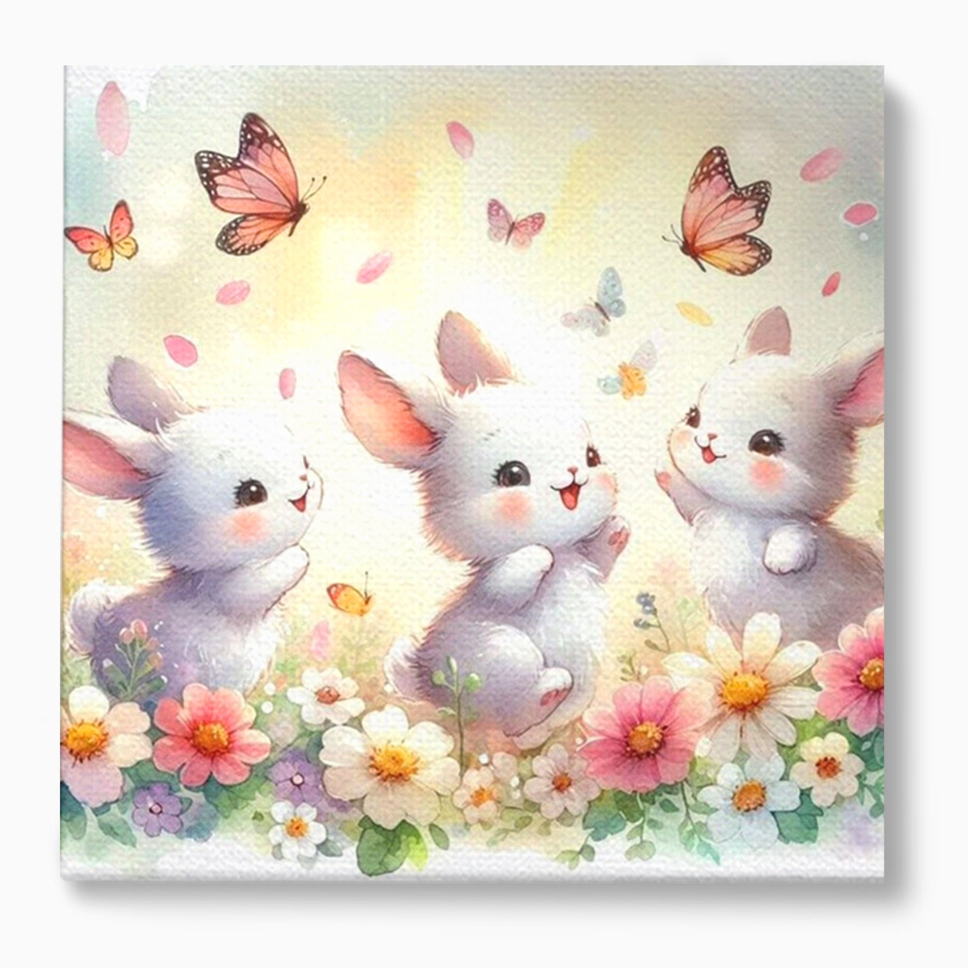 Tablou Canvas Premium, LuxCanva® K1063, Joaca in Padure, Gradinita, Iepurasi, Fluturi, Veselie, Flori, Prietenie, Copilarie, Adorabil, Camera Copil, Dormitor
