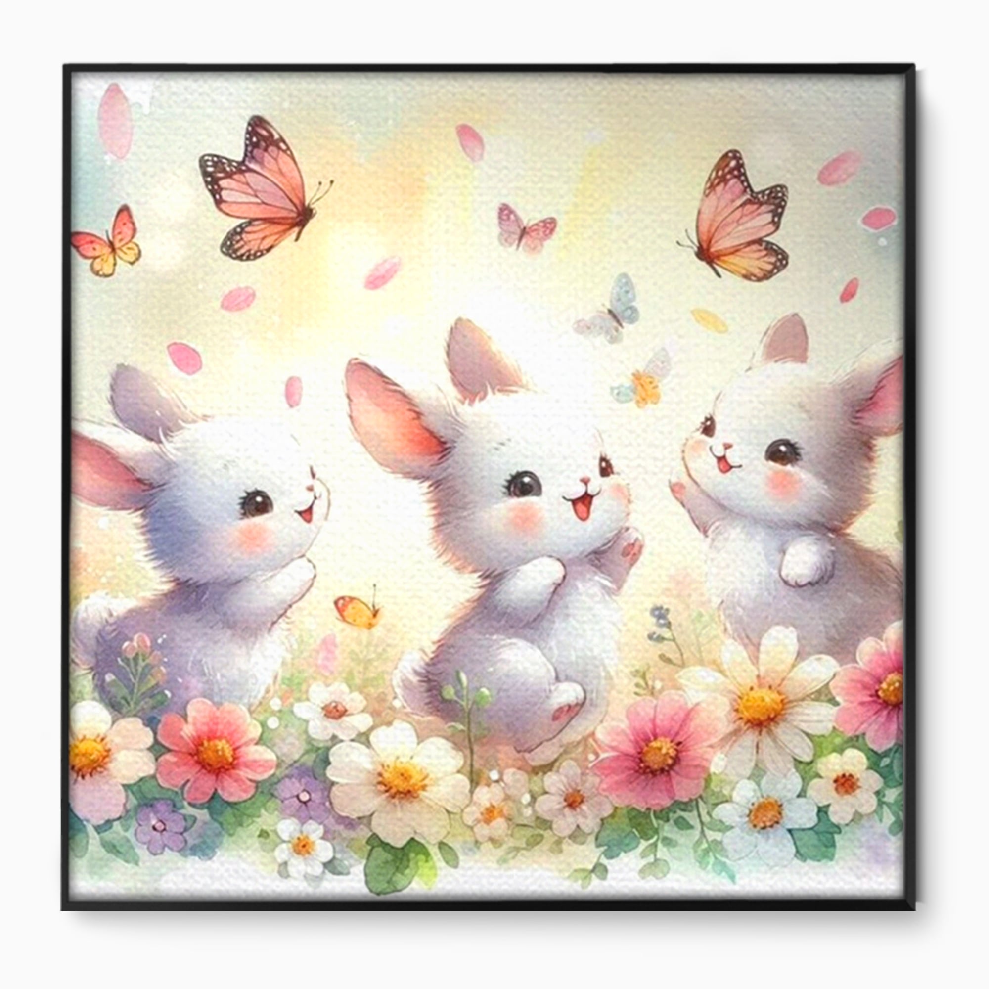Tablou Canvas Premium, LuxCanva® K1063, Joaca in Padure, Gradinita, Iepurasi, Fluturi, Veselie, Flori, Prietenie, Copilarie, Adorabil, Camera Copil, Dormitor