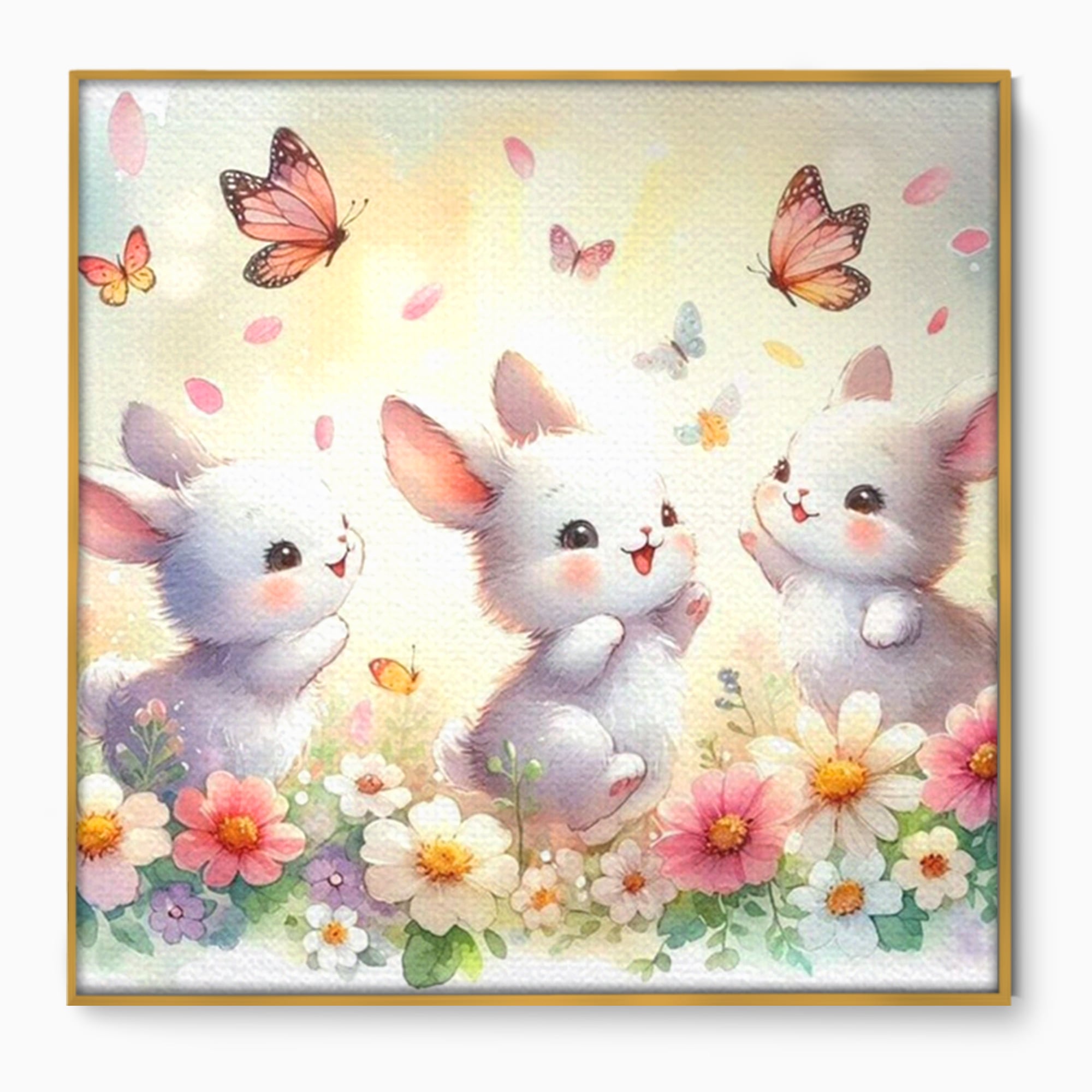 Tablou Canvas Premium, LuxCanva® K1063, Joaca in Padure, Gradinita, Iepurasi, Fluturi, Veselie, Flori, Prietenie, Copilarie, Adorabil, Camera Copil, Dormitor