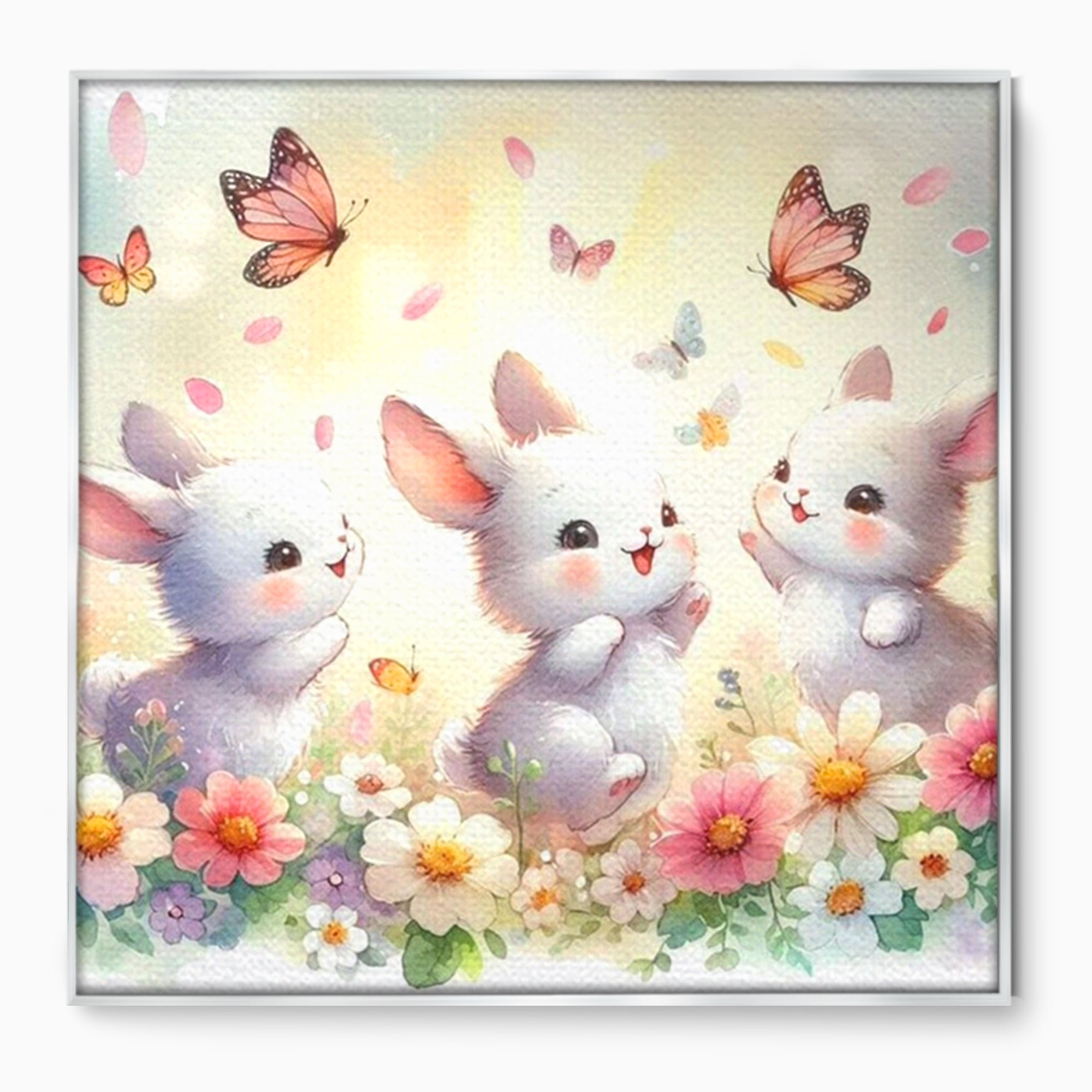 Tablou Canvas Premium, LuxCanva® K1063, Joaca in Padure, Gradinita, Iepurasi, Fluturi, Veselie, Flori, Prietenie, Copilarie, Adorabil, Camera Copil, Dormitor