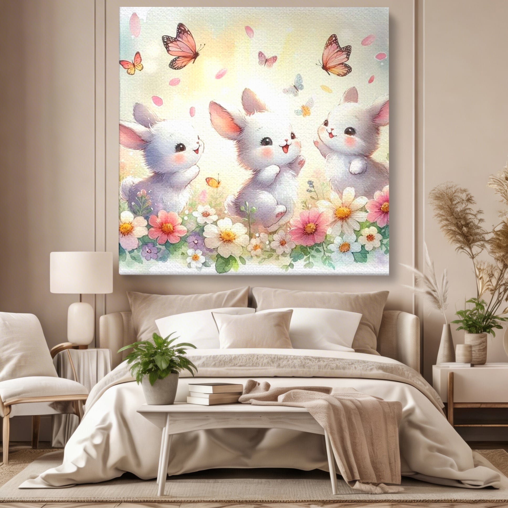 Tablou Canvas Premium, LuxCanva® K1063, Joaca in Padure, Gradinita, Iepurasi, Fluturi, Veselie, Flori, Prietenie, Copilarie, Adorabil, Camera Copil, Dormitor