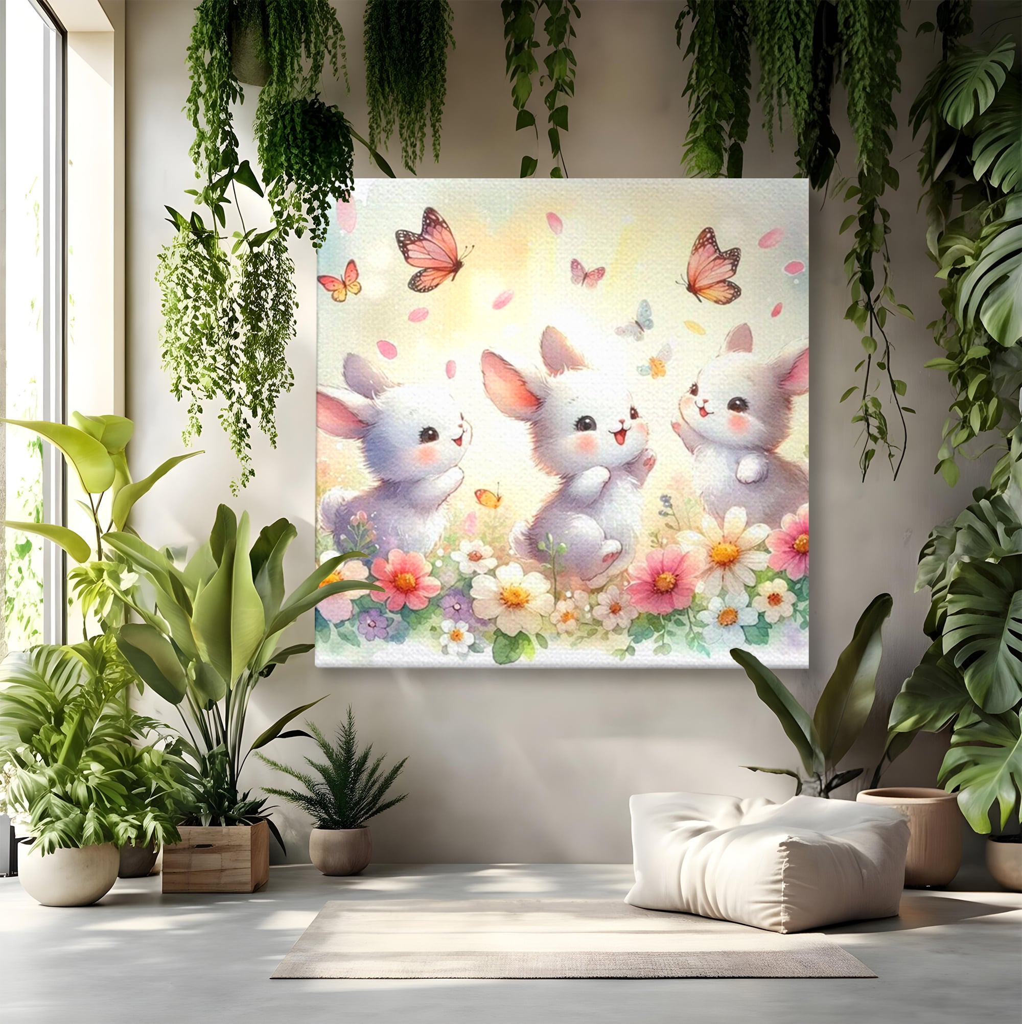 Tablou Canvas Premium, LuxCanva® K1063, Joaca in Padure, Gradinita, Iepurasi, Fluturi, Veselie, Flori, Prietenie, Copilarie, Adorabil, Camera Copil, Dormitor