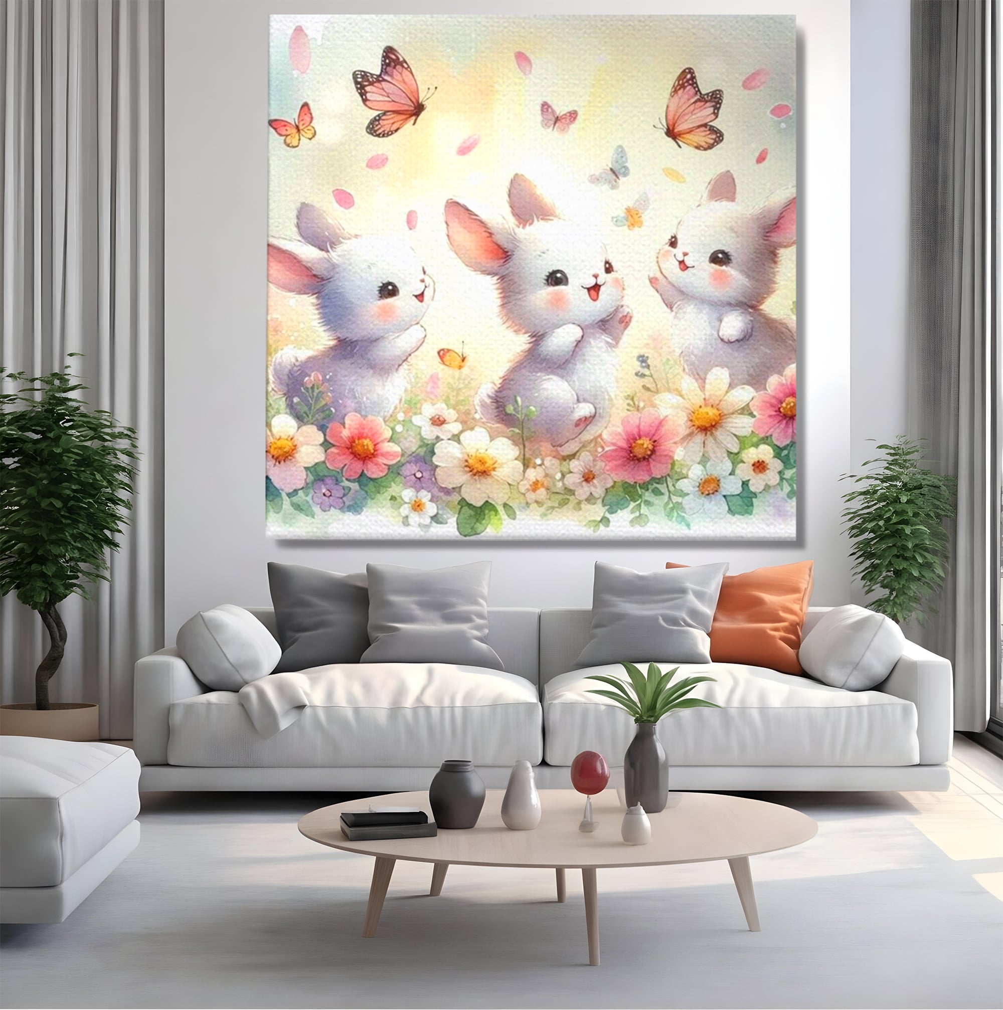 Tablou Canvas Premium, LuxCanva® K1063, Joaca in Padure, Gradinita, Iepurasi, Fluturi, Veselie, Flori, Prietenie, Copilarie, Adorabil, Camera Copil, Dormitor