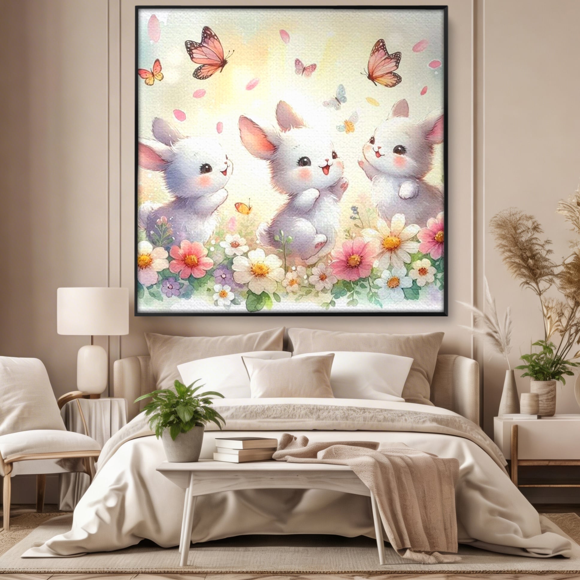 Tablou Canvas Premium, LuxCanva® K1063, Joaca in Padure, Gradinita, Iepurasi, Fluturi, Veselie, Flori, Prietenie, Copilarie, Adorabil, Camera Copil, Dormitor