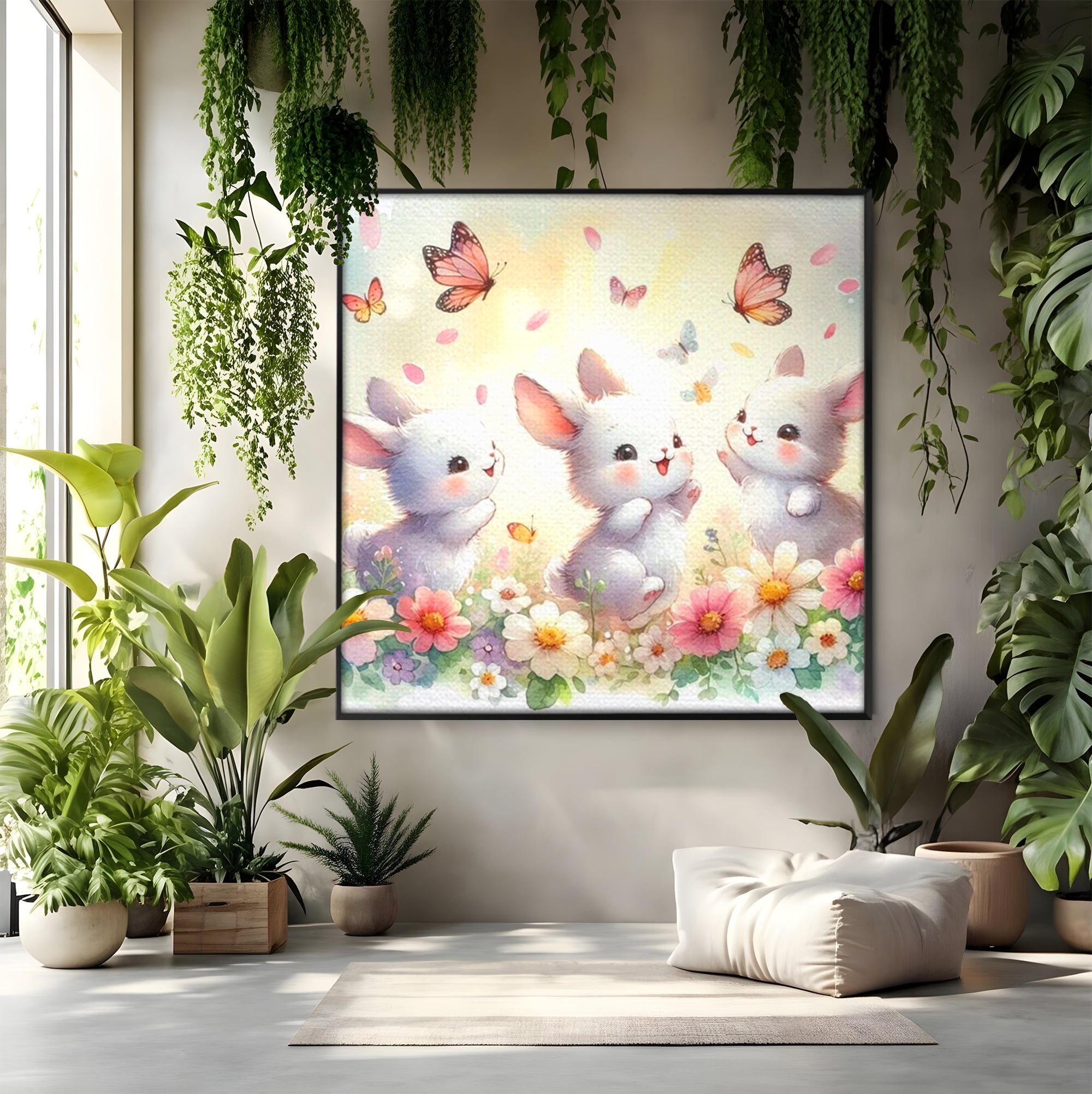 Tablou Canvas Premium, LuxCanva® K1063, Joaca in Padure, Gradinita, Iepurasi, Fluturi, Veselie, Flori, Prietenie, Copilarie, Adorabil, Camera Copil, Dormitor