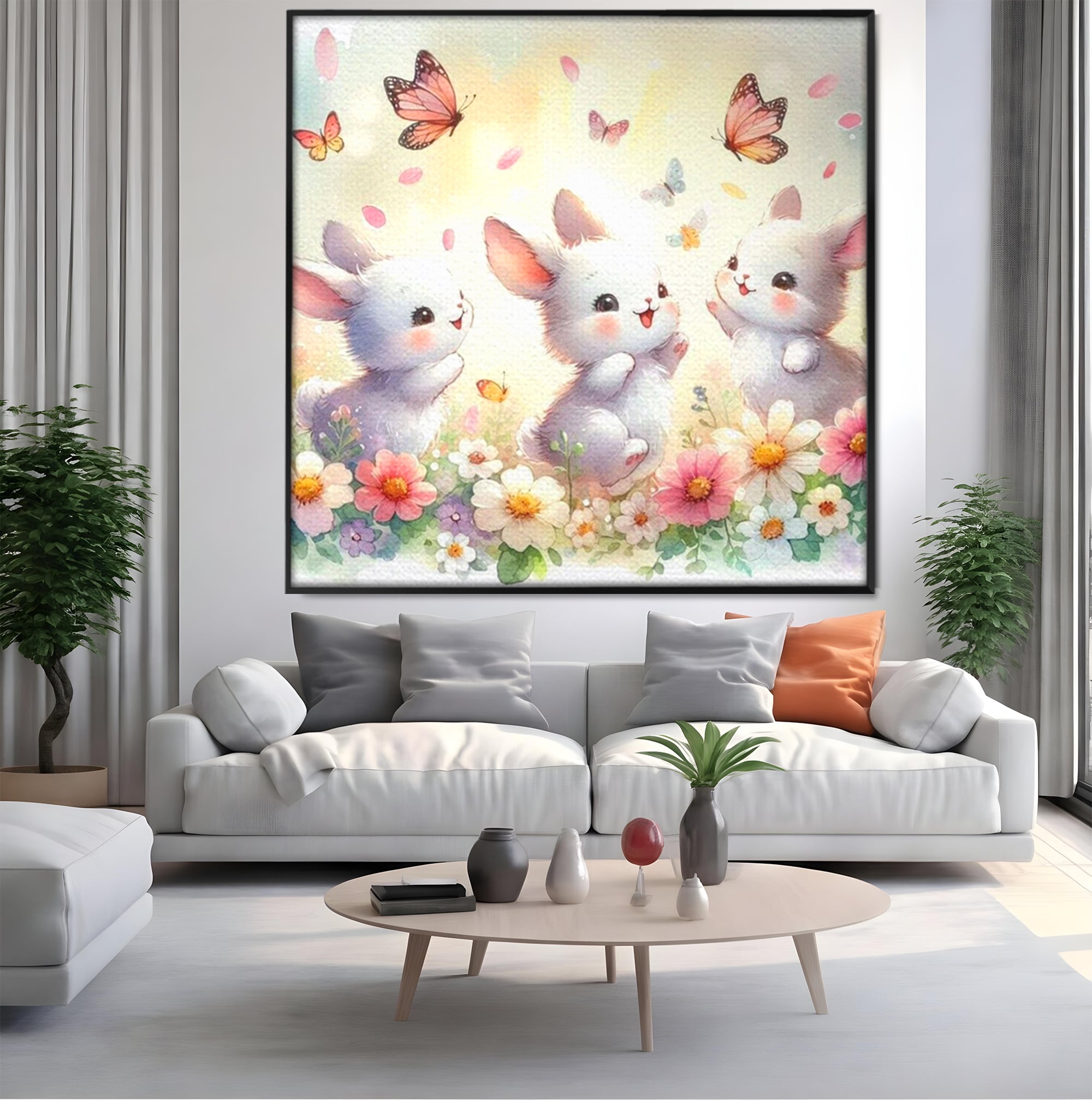 Tablou Canvas Premium, LuxCanva® K1063, Joaca in Padure, Gradinita, Iepurasi, Fluturi, Veselie, Flori, Prietenie, Copilarie, Adorabil, Camera Copil, Dormitor