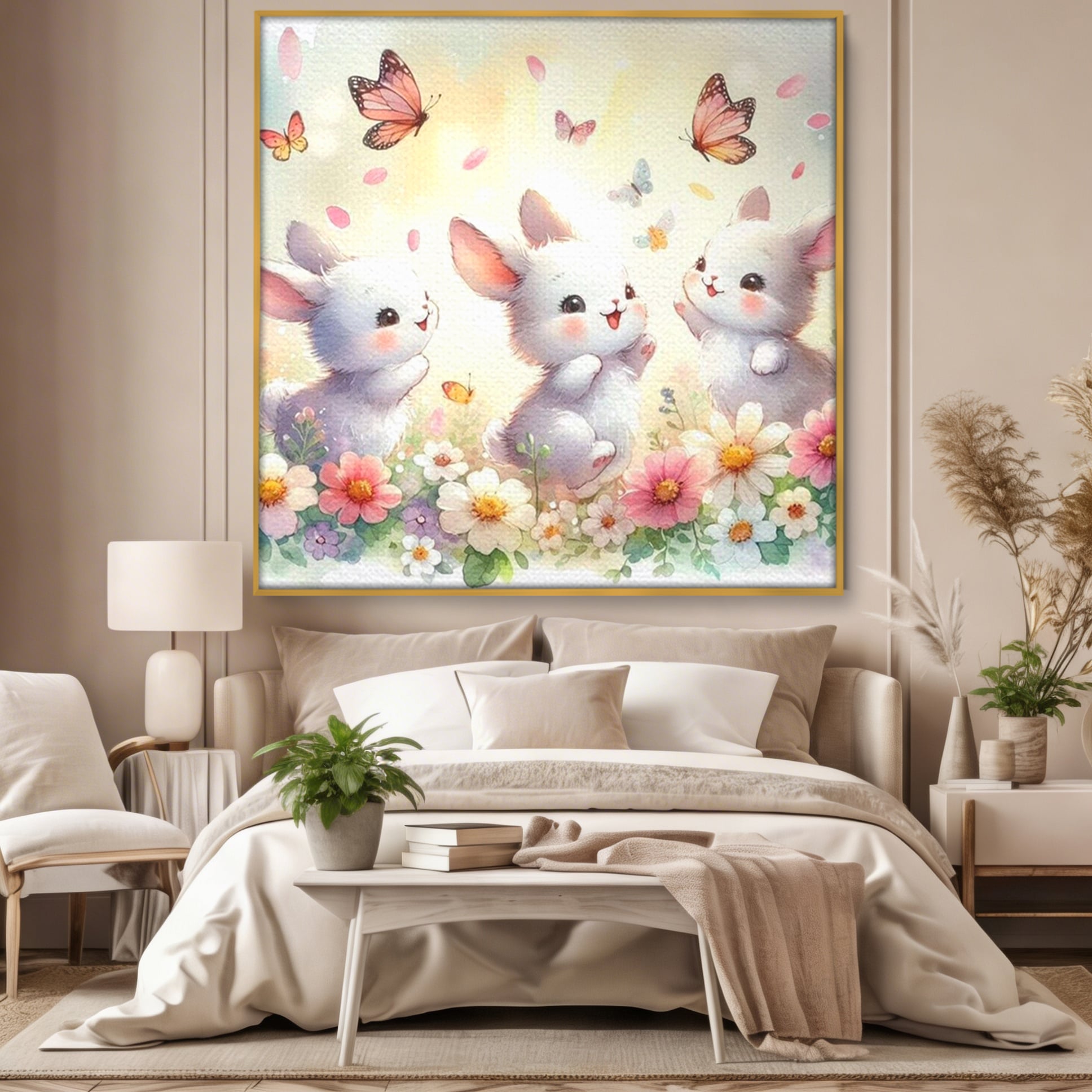 Tablou Canvas Premium, LuxCanva® K1063, Joaca in Padure, Gradinita, Iepurasi, Fluturi, Veselie, Flori, Prietenie, Copilarie, Adorabil, Camera Copil, Dormitor